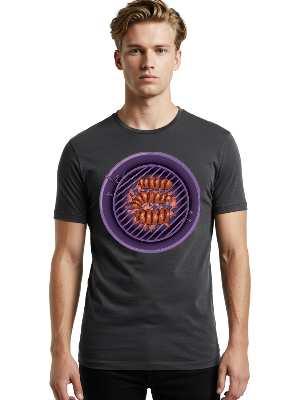 Sausages-On-Grill Men'S Graphic Tee, 100% Cotton, Comfortable Casual Summer Wear, Machine Washable, Sausages On Barbecue Grill, Grilled Sausages, Barbecue Cooking, Outdoor Cooking, Summer Food, Grilled Food, Food On Grill, Barbecue Grill Bac398