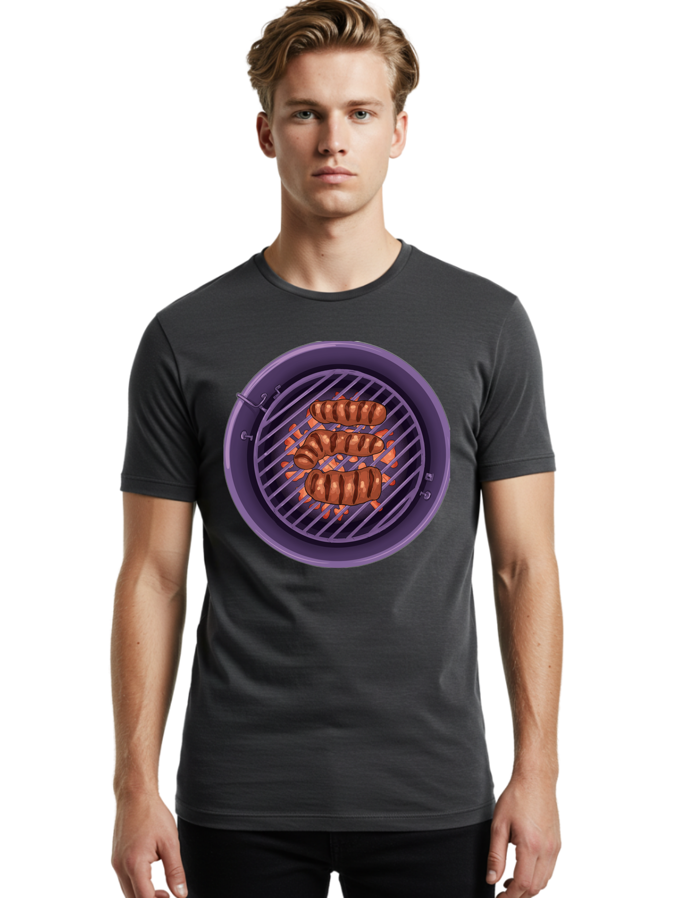 Sausages-On-Grill Men'S Graphic Tee, 100% Cotton, Comfortable Casual Summer Wear, Machine Washable, Sausages On Barbecue Grill, Grilled Sausages, Barbecue Cooking, Outdoor Cooking, Summer Food, Grilled Food, Food On Grill, Barbecue Grill Bac398