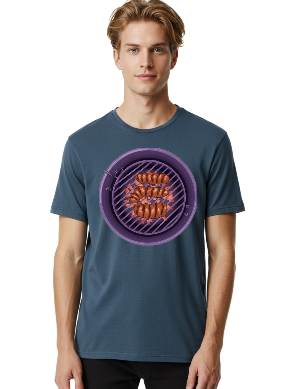 Sausages-On-Grill Men'S Graphic Tee, 100% Cotton, Comfortable Casual Summer Wear, Machine Washable, Sausages On Barbecue Grill, Grilled Sausages, Barbecue Cooking, Outdoor Cooking, Summer Food, Grilled Food, Food On Grill, Barbecue Grill Bac398