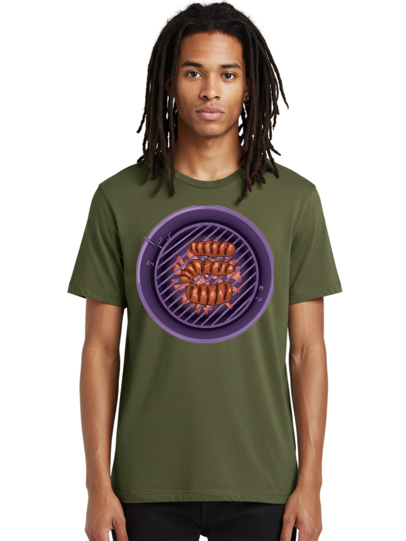 Sausages-On-Grill Men'S Graphic Tee, 100% Cotton, Comfortable Casual Summer Wear, Machine Washable, Sausages On Barbecue Grill, Grilled Sausages, Barbecue Cooking, Outdoor Cooking, Summer Food, Grilled Food, Food On Grill, Barbecue Grill Bac398