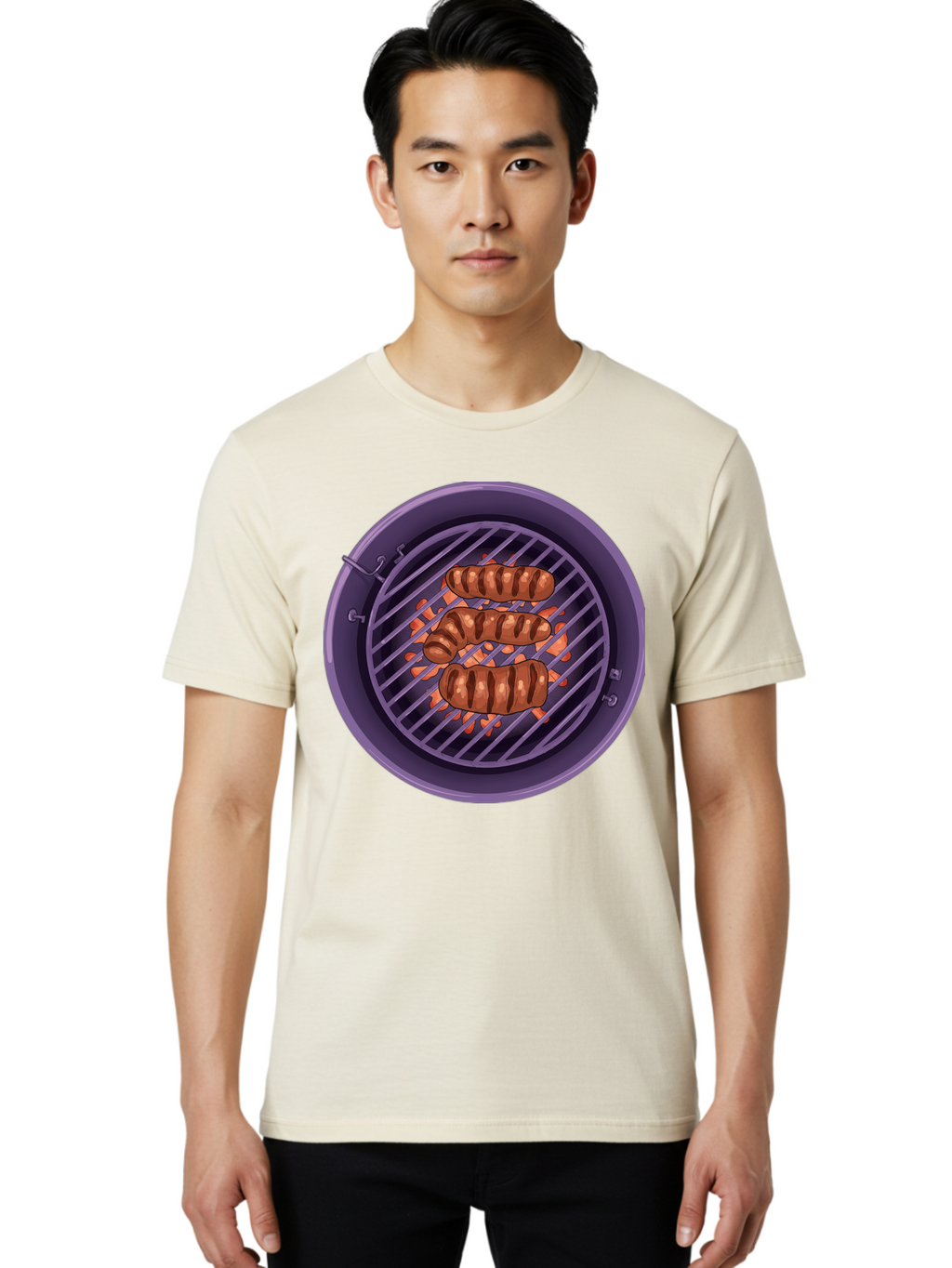 Sausages-On-Grill Men'S Graphic Tee, 100% Cotton, Comfortable Casual Summer Wear, Machine Washable, Sausages On Barbecue Grill, Grilled Sausages, Barbecue Cooking, Outdoor Cooking, Summer Food, Grilled Food, Food On Grill, Barbecue Grill Bac398