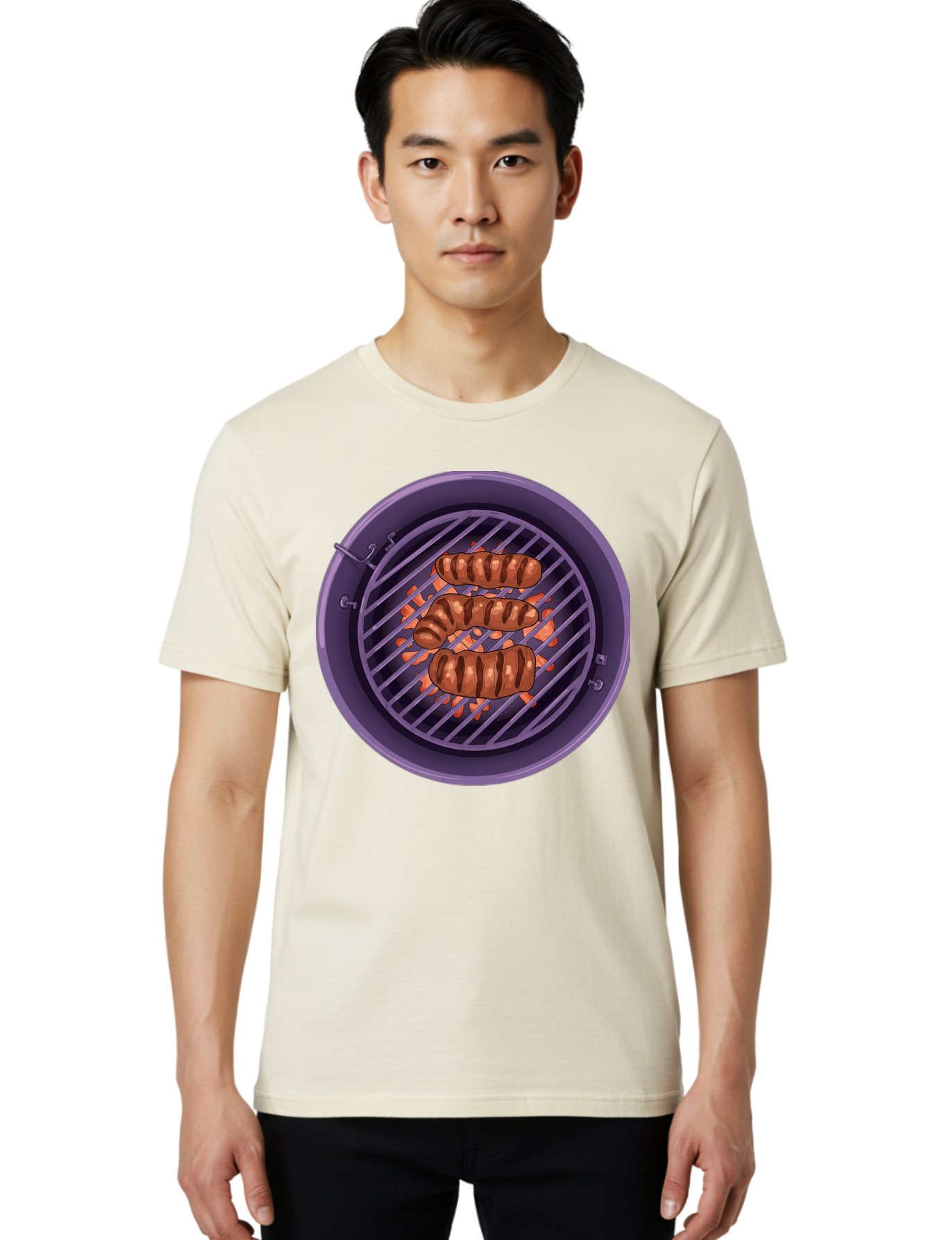 Sausages-On-Grill Men'S Graphic Tee, 100% Cotton, Comfortable Casual Summer Wear, Machine Washable, Sausages On Barbecue Grill, Grilled Sausages, Barbecue Cooking, Outdoor Cooking, Summer Food, Grilled Food, Food On Grill, Barbecue Grill Bac398