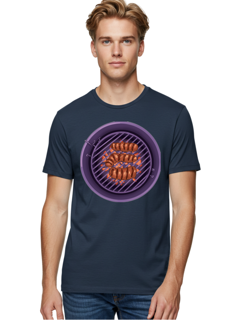 Sausages-On-Grill Men'S Graphic Tee, 100% Cotton, Comfortable Casual Summer Wear, Machine Washable, Sausages On Barbecue Grill, Grilled Sausages, Barbecue Cooking, Outdoor Cooking, Summer Food, Grilled Food, Food On Grill, Barbecue Grill Bac398