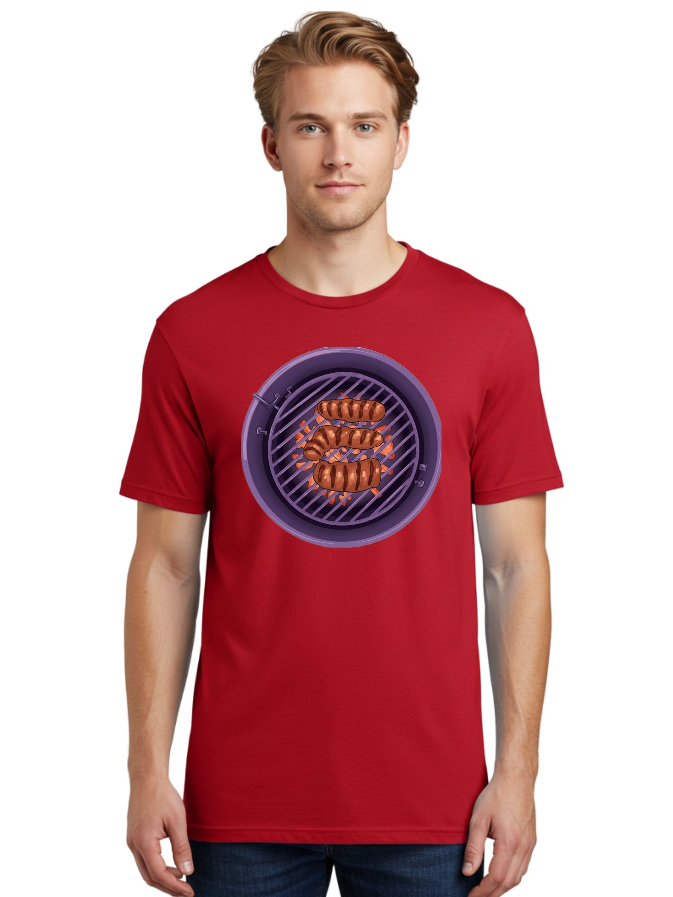 Sausages-On-Grill Men'S Graphic Tee, 100% Cotton, Comfortable Casual Summer Wear, Machine Washable, Sausages On Barbecue Grill, Grilled Sausages, Barbecue Cooking, Outdoor Cooking, Summer Food, Grilled Food, Food On Grill, Barbecue Grill Bac398