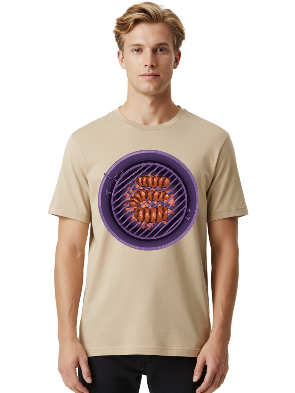 Sausages-On-Grill Men'S Graphic Tee, 100% Cotton, Comfortable Casual Summer Wear, Machine Washable, Sausages On Barbecue Grill, Grilled Sausages, Barbecue Cooking, Outdoor Cooking, Summer Food, Grilled Food, Food On Grill, Barbecue Grill Bac398