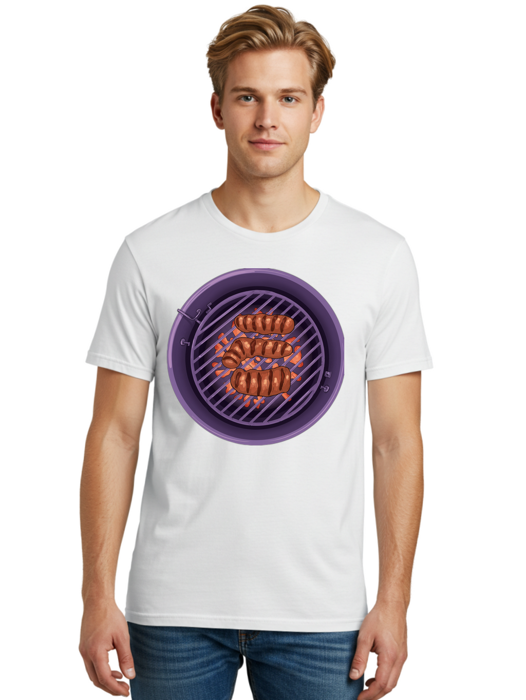 Sausages-On-Grill Men'S Graphic Tee, 100% Cotton, Comfortable Casual Summer Wear, Machine Washable, Sausages On Barbecue Grill, Grilled Sausages, Barbecue Cooking, Outdoor Cooking, Summer Food, Grilled Food, Food On Grill, Barbecue Grill Bac398