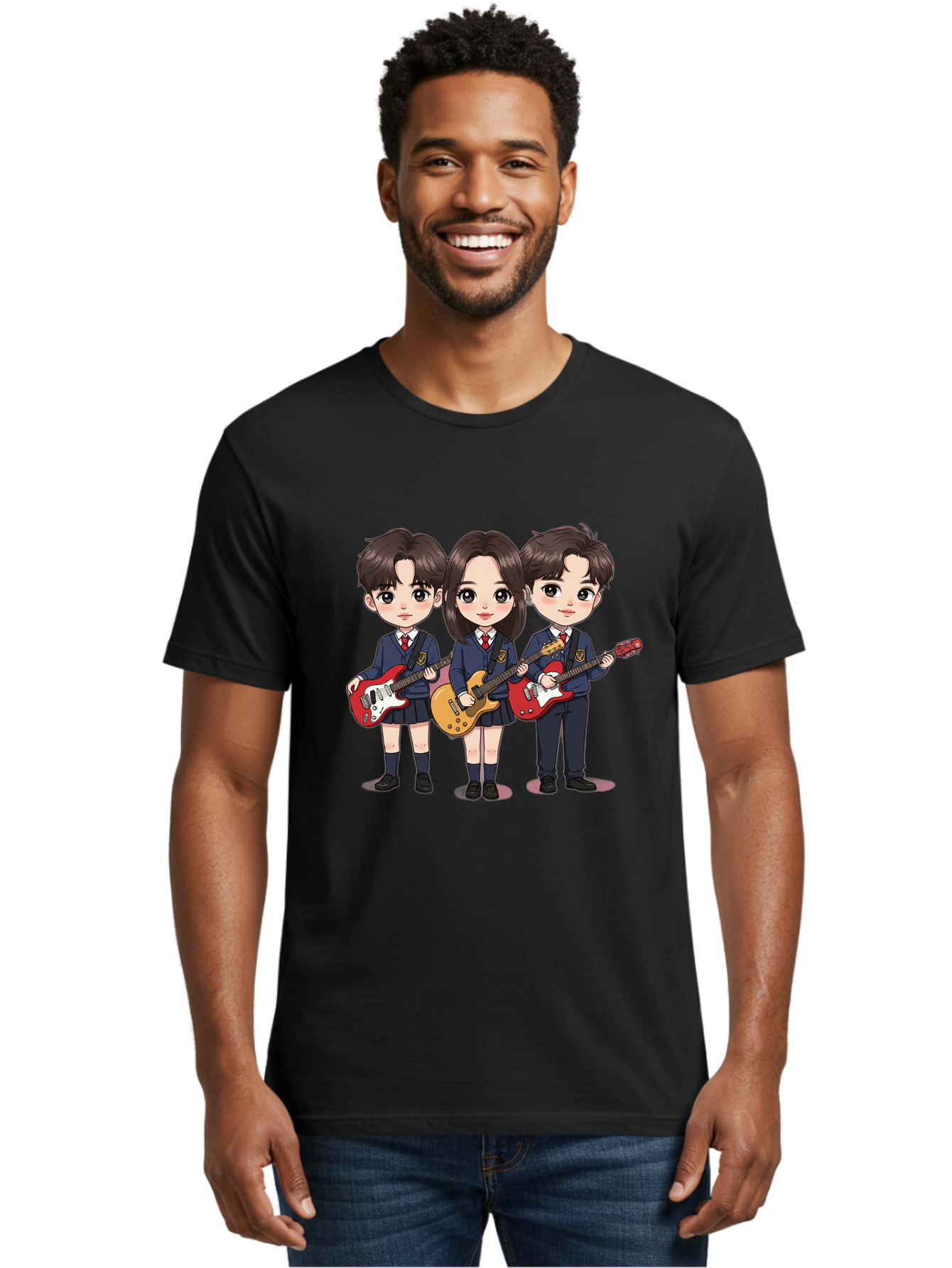 School-Kids-Band Men'S Graphic Tee, 100% Cotton, Comfortable Casual Summer Wear, Machine Washable, School Kids Playing Guitars, Cartoon Characters, School Uniforms, Music Enthusiasts, Youth Culture, Guitar Riffs, Playful Scene, Student Band Bac399