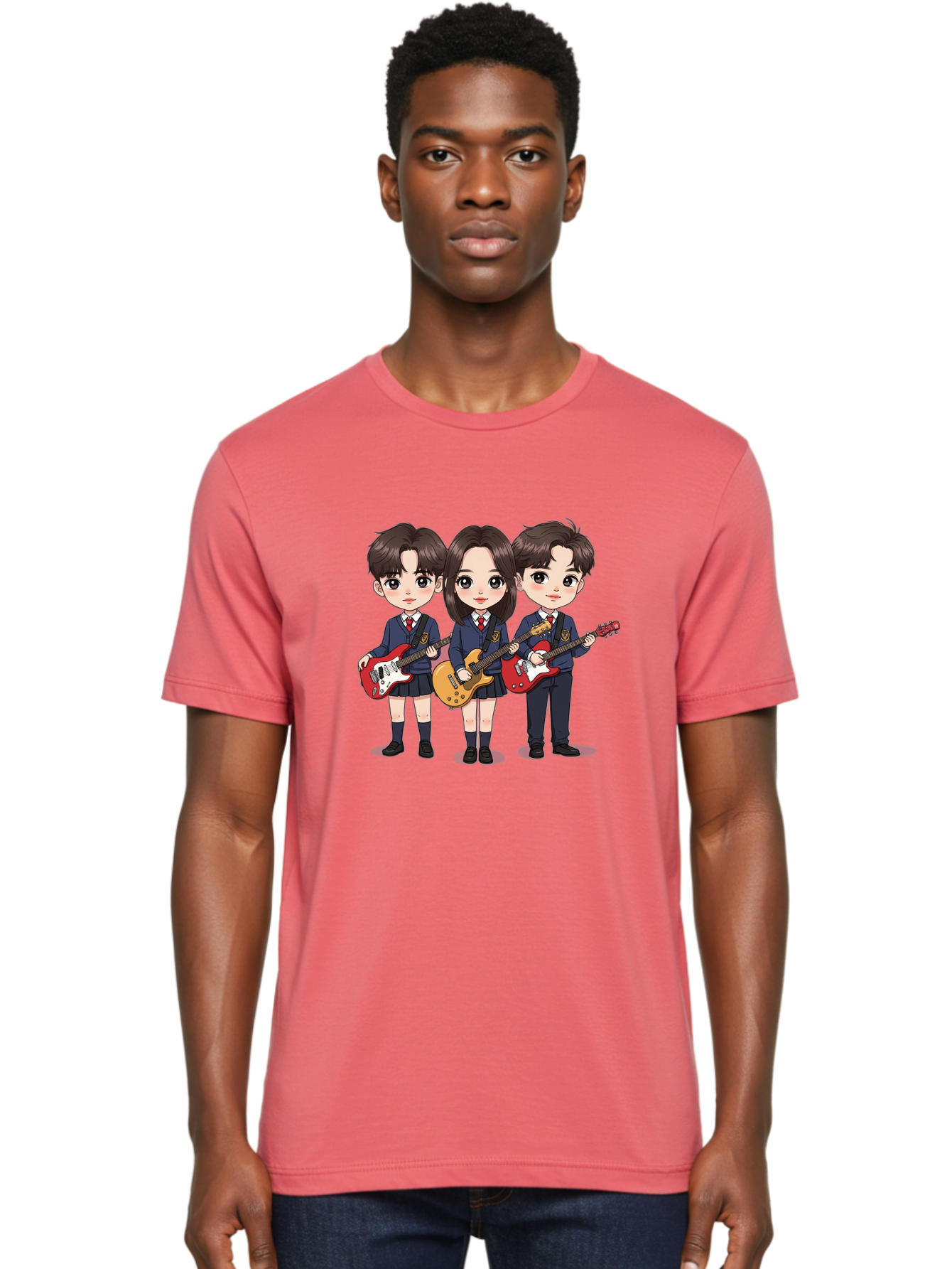 School-Kids-Band Men'S Graphic Tee, 100% Cotton, Comfortable Casual Summer Wear, Machine Washable, School Kids Playing Guitars, Cartoon Characters, School Uniforms, Music Enthusiasts, Youth Culture, Guitar Riffs, Playful Scene, Student Band Bac399