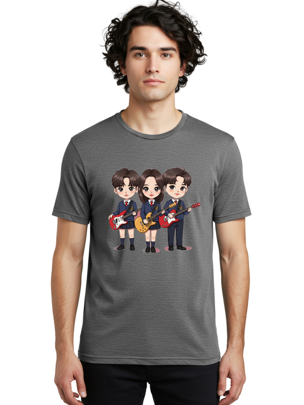 School-Kids-Band Men'S Graphic Tee, 100% Cotton, Comfortable Casual Summer Wear, Machine Washable, School Kids Playing Guitars, Cartoon Characters, School Uniforms, Music Enthusiasts, Youth Culture, Guitar Riffs, Playful Scene, Student Band Bac399