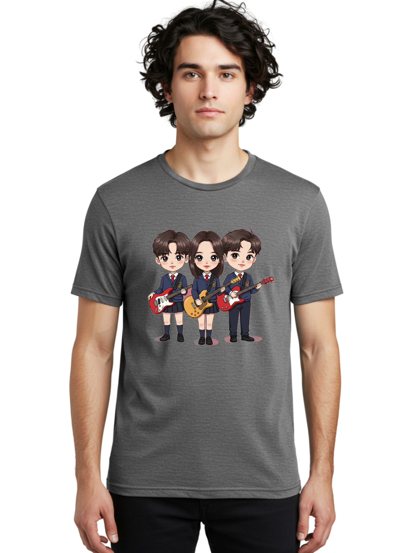 School-Kids-Band Men'S Graphic Tee, 100% Cotton, Comfortable Casual Summer Wear, Machine Washable, School Kids Playing Guitars, Cartoon Characters, School Uniforms, Music Enthusiasts, Youth Culture, Guitar Riffs, Playful Scene, Student Band Bac399