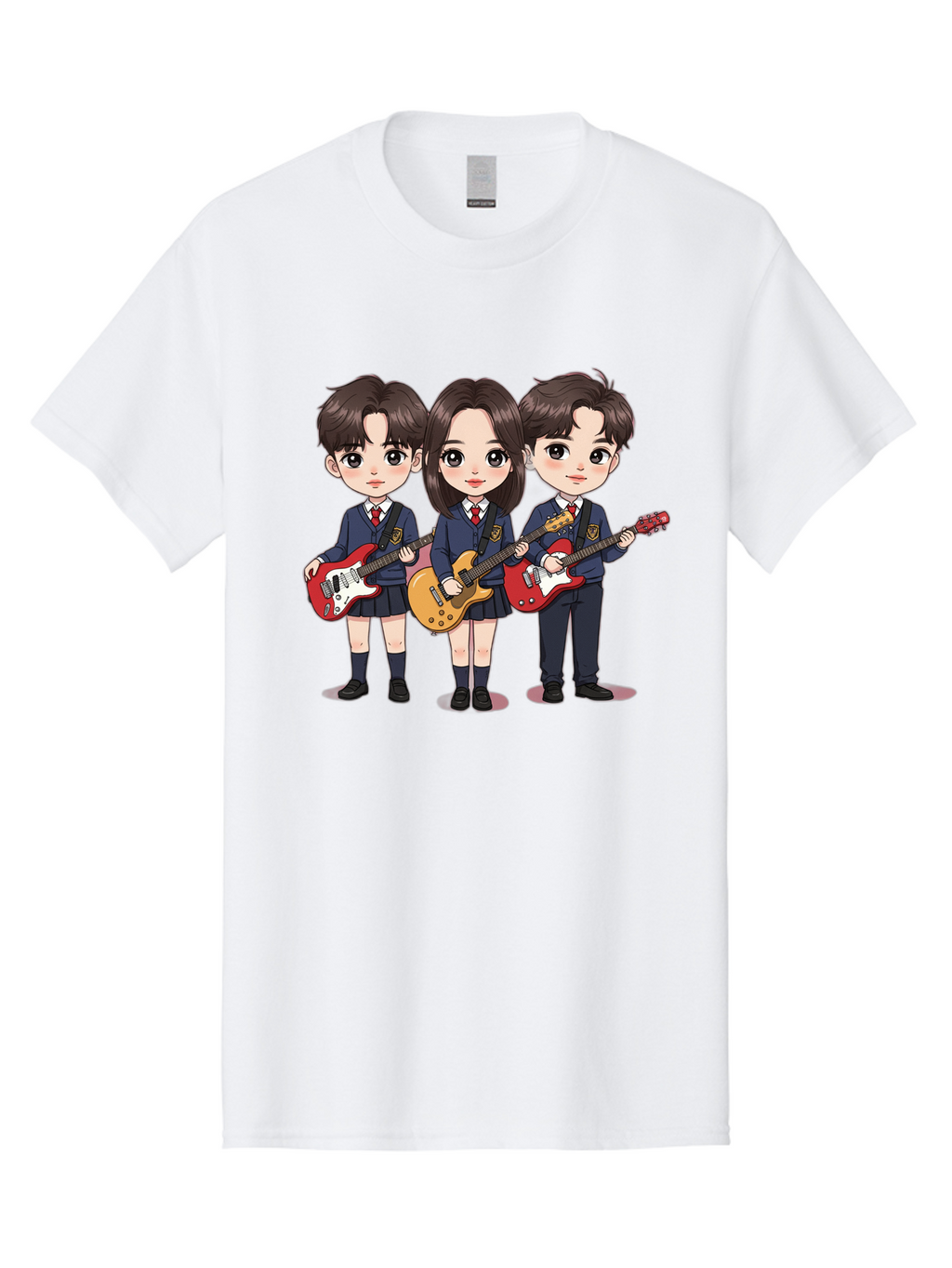 School-Kids-Band Men'S Graphic Tee, 100% Cotton, Comfortable Casual Summer Wear, Machine Washable, School Kids Playing Guitars, Cartoon Characters, School Uniforms, Music Enthusiasts, Youth Culture, Guitar Riffs, Playful Scene, Student Band Bac399