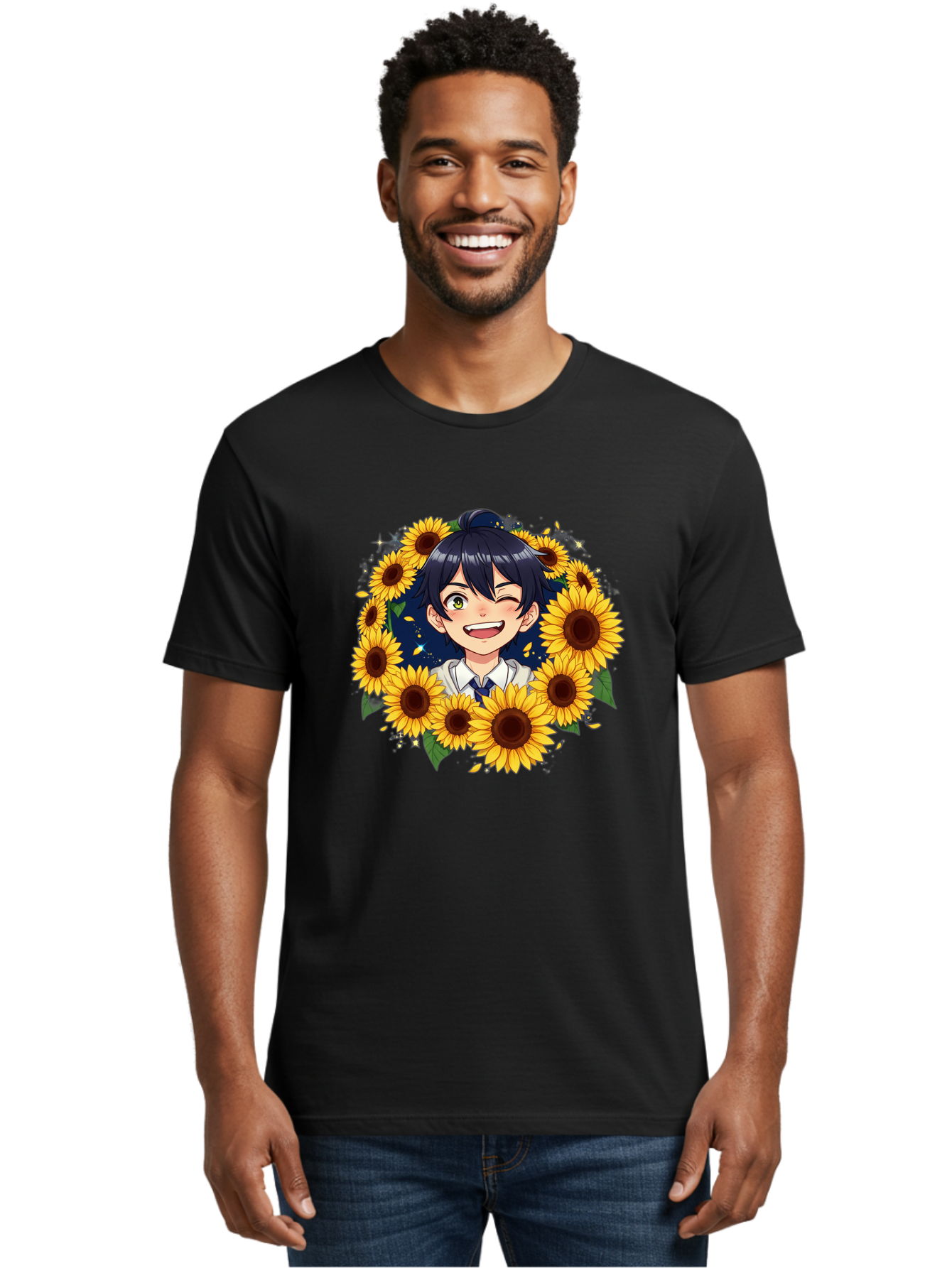 Schoolgirl-Sunflowers Men'S Graphic Tee, 100% Cotton, Comfortable Casual Summer Wear, Machine Washable, Anime Girl, Smiling Face, Sunny Disposition, Yellow Sunflowers, Black Hair, White Shirt, Blue Tie, Vibrant Flowers, Happy Expression, Bac400