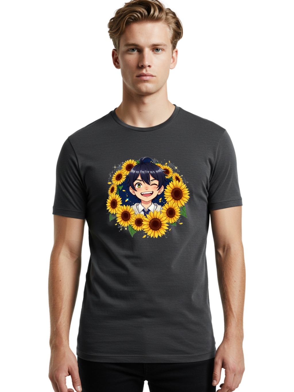 Schoolgirl-Sunflowers Men'S Graphic Tee, 100% Cotton, Comfortable Casual Summer Wear, Machine Washable, Anime Girl, Smiling Face, Sunny Disposition, Yellow Sunflowers, Black Hair, White Shirt, Blue Tie, Vibrant Flowers, Happy Expression, Bac400