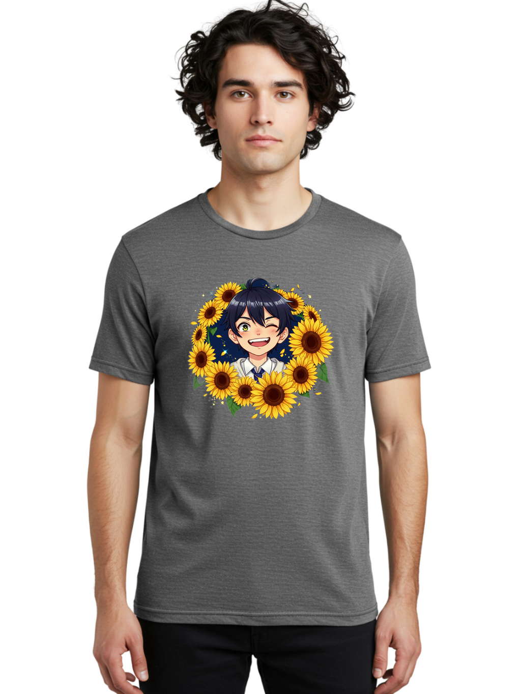 Schoolgirl-Sunflowers Men'S Graphic Tee, 100% Cotton, Comfortable Casual Summer Wear, Machine Washable, Anime Girl, Smiling Face, Sunny Disposition, Yellow Sunflowers, Black Hair, White Shirt, Blue Tie, Vibrant Flowers, Happy Expression, Bac400