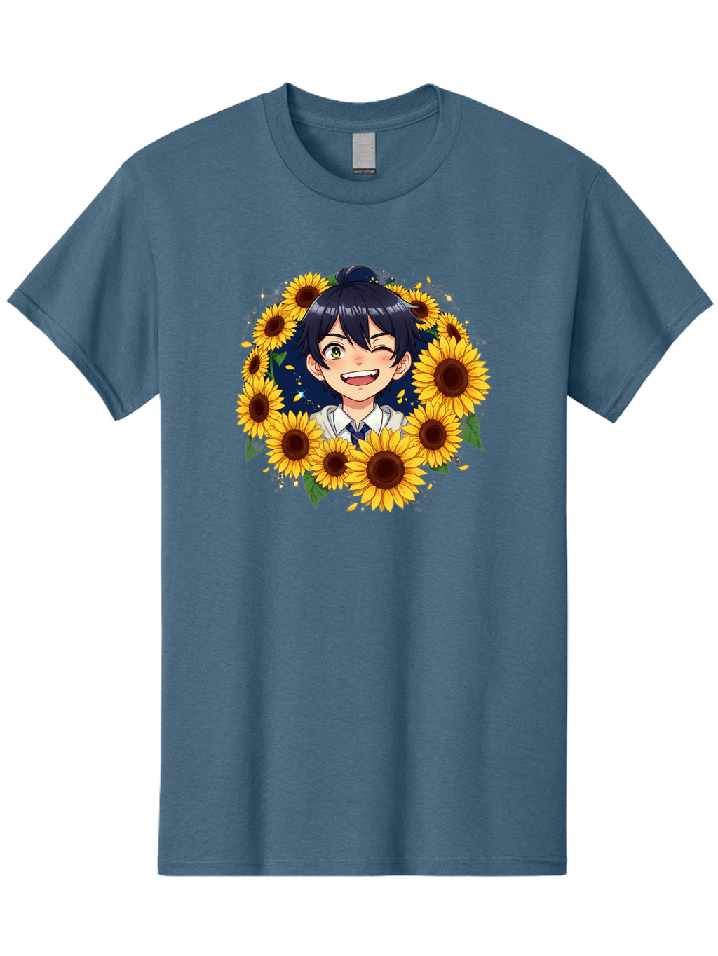 Schoolgirl-Sunflowers Men'S Graphic Tee, 100% Cotton, Comfortable Casual Summer Wear, Machine Washable, Anime Girl, Smiling Face, Sunny Disposition, Yellow Sunflowers, Black Hair, White Shirt, Blue Tie, Vibrant Flowers, Happy Expression, Bac400