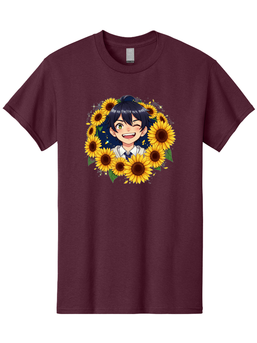 Schoolgirl-Sunflowers Men'S Graphic Tee, 100% Cotton, Comfortable Casual Summer Wear, Machine Washable, Anime Girl, Smiling Face, Sunny Disposition, Yellow Sunflowers, Black Hair, White Shirt, Blue Tie, Vibrant Flowers, Happy Expression, Bac400