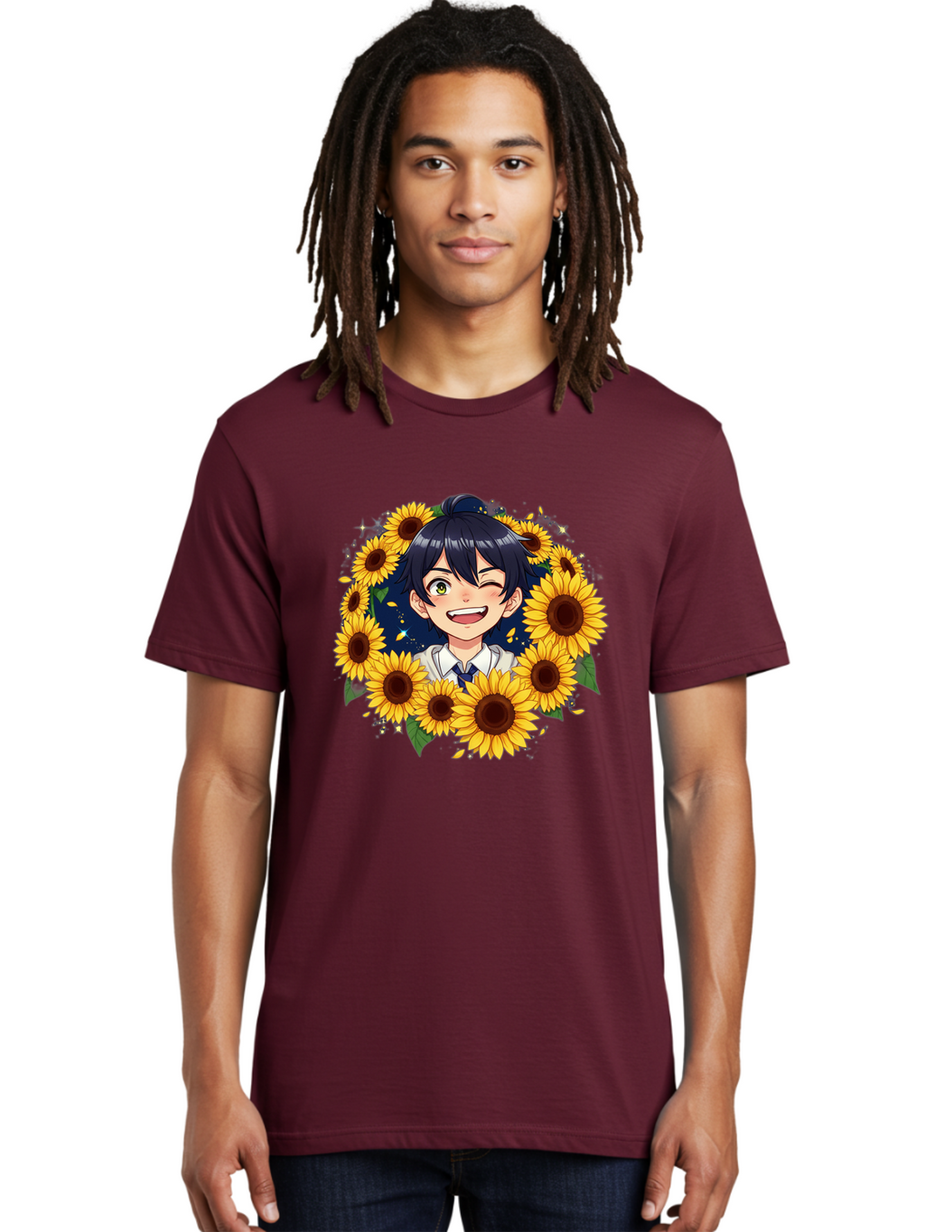 Schoolgirl-Sunflowers Men'S Graphic Tee, 100% Cotton, Comfortable Casual Summer Wear, Machine Washable, Anime Girl, Smiling Face, Sunny Disposition, Yellow Sunflowers, Black Hair, White Shirt, Blue Tie, Vibrant Flowers, Happy Expression, Bac400