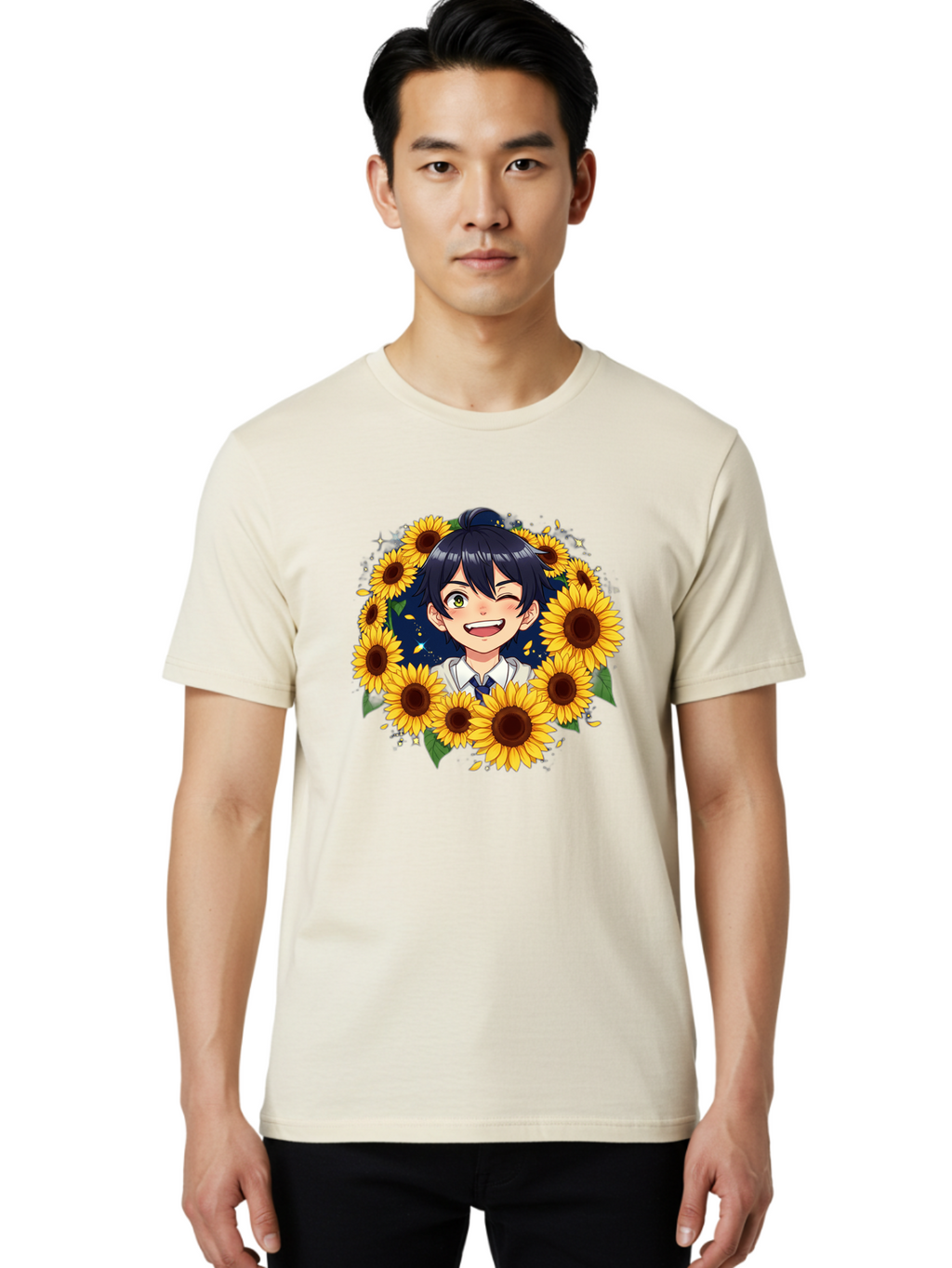 Schoolgirl-Sunflowers Men'S Graphic Tee, 100% Cotton, Comfortable Casual Summer Wear, Machine Washable, Anime Girl, Smiling Face, Sunny Disposition, Yellow Sunflowers, Black Hair, White Shirt, Blue Tie, Vibrant Flowers, Happy Expression, Bac400