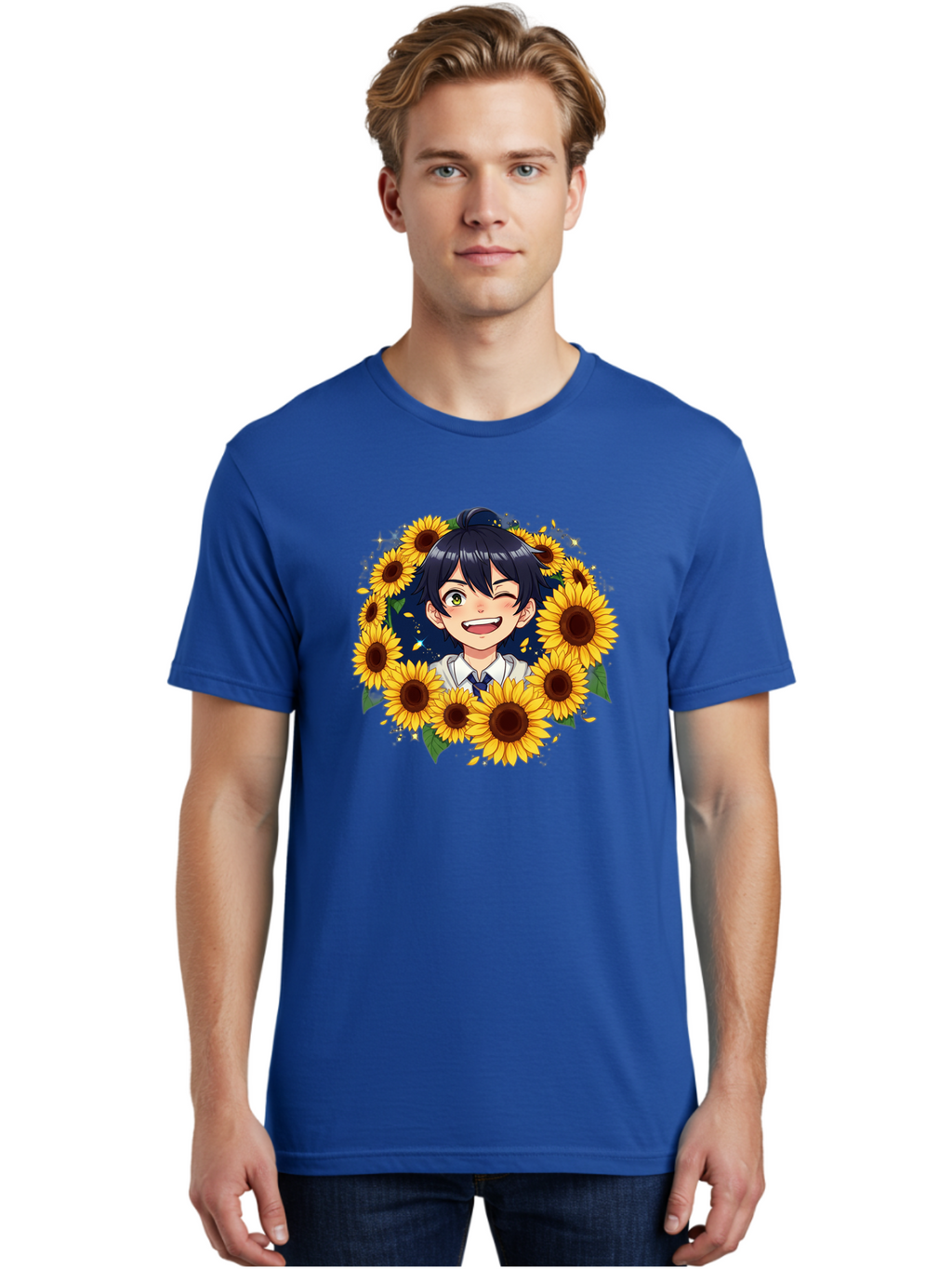 Schoolgirl-Sunflowers Men'S Graphic Tee, 100% Cotton, Comfortable Casual Summer Wear, Machine Washable, Anime Girl, Smiling Face, Sunny Disposition, Yellow Sunflowers, Black Hair, White Shirt, Blue Tie, Vibrant Flowers, Happy Expression, Bac400