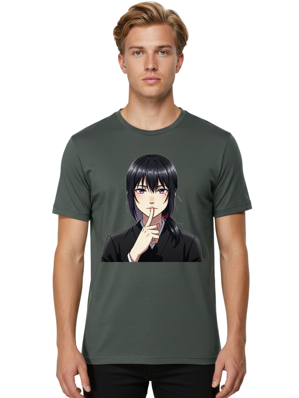 Shh-Girl Men'S Graphic Tee, 100% Cotton, Comfortable Casual Summer Wear, Machine Washable, Anime Girl, Shh Gesture, Finger To Lips, Silence Indicator, Black Hair, Business Attire, Corporate Style, Secret Keeper, Quiet Sign, Manga Character Bac401