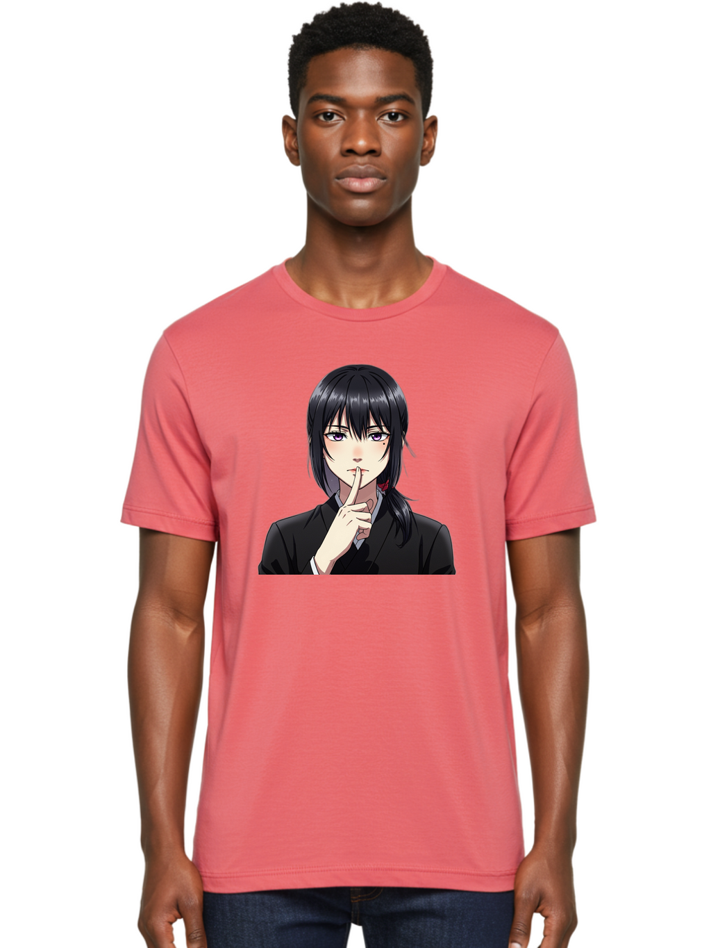 Shh-Girl Men'S Graphic Tee, 100% Cotton, Comfortable Casual Summer Wear, Machine Washable, Anime Girl, Shh Gesture, Finger To Lips, Silence Indicator, Black Hair, Business Attire, Corporate Style, Secret Keeper, Quiet Sign, Manga Character Bac401
