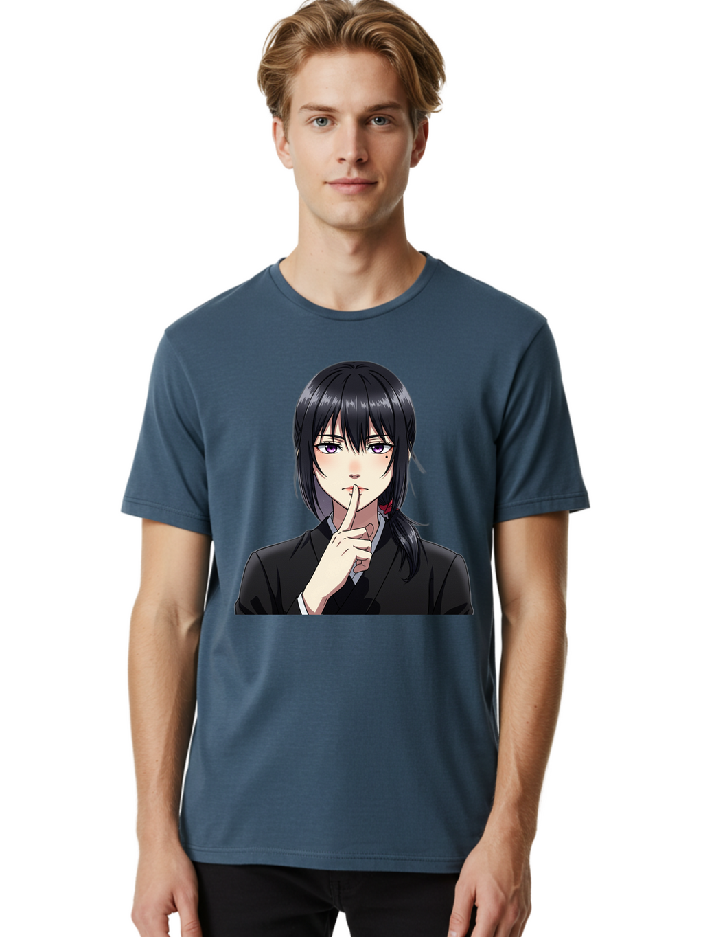 Shh-Girl Men'S Graphic Tee, 100% Cotton, Comfortable Casual Summer Wear, Machine Washable, Anime Girl, Shh Gesture, Finger To Lips, Silence Indicator, Black Hair, Business Attire, Corporate Style, Secret Keeper, Quiet Sign, Manga Character Bac401