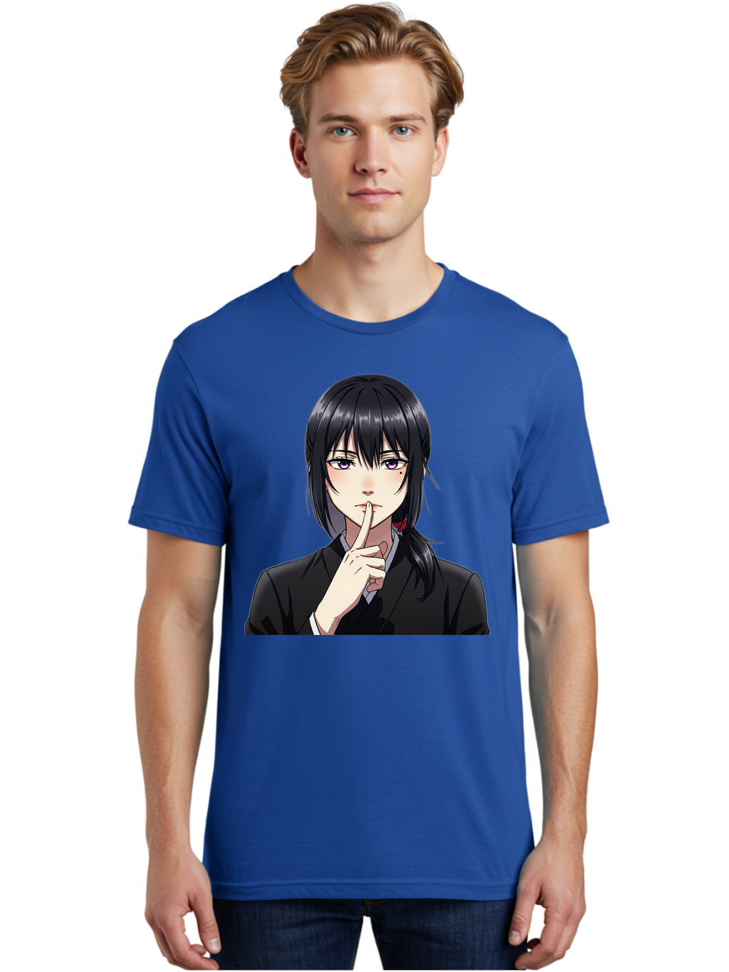 Shh-Girl Men'S Graphic Tee, 100% Cotton, Comfortable Casual Summer Wear, Machine Washable, Anime Girl, Shh Gesture, Finger To Lips, Silence Indicator, Black Hair, Business Attire, Corporate Style, Secret Keeper, Quiet Sign, Manga Character Bac401