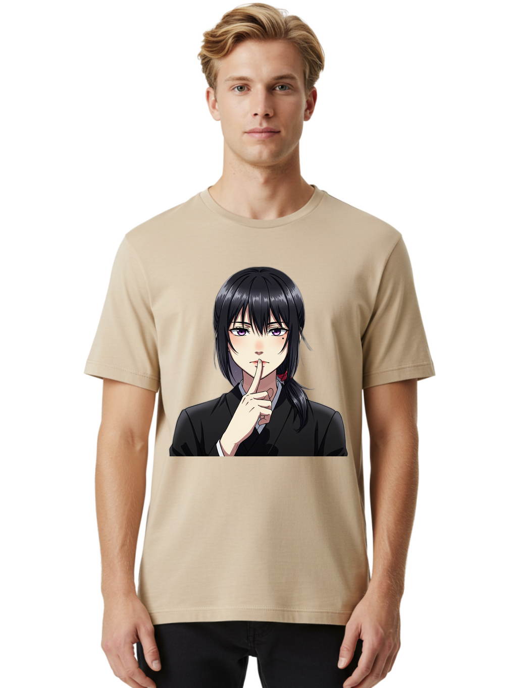 Shh-Girl Men'S Graphic Tee, 100% Cotton, Comfortable Casual Summer Wear, Machine Washable, Anime Girl, Shh Gesture, Finger To Lips, Silence Indicator, Black Hair, Business Attire, Corporate Style, Secret Keeper, Quiet Sign, Manga Character Bac401