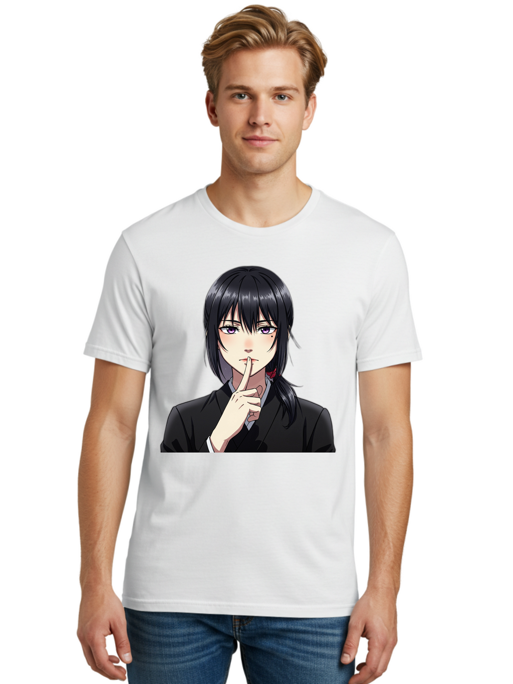 Shh-Girl Men'S Graphic Tee, 100% Cotton, Comfortable Casual Summer Wear, Machine Washable, Anime Girl, Shh Gesture, Finger To Lips, Silence Indicator, Black Hair, Business Attire, Corporate Style, Secret Keeper, Quiet Sign, Manga Character Bac401
