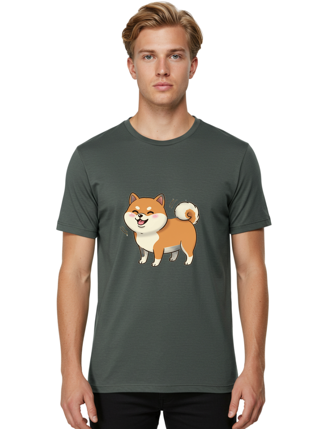 Shiba-Inu Men'S Graphic Tee, 100% Cotton, Comfortable Casual Summer Wear, Machine Washable, Shiba Inu, Cartoon Dog, Happy Dog, Playful Canine, Dog Animation, Adorable Pet, Kawaii Animal, Dog Illustration, Cute Puppy Bac402