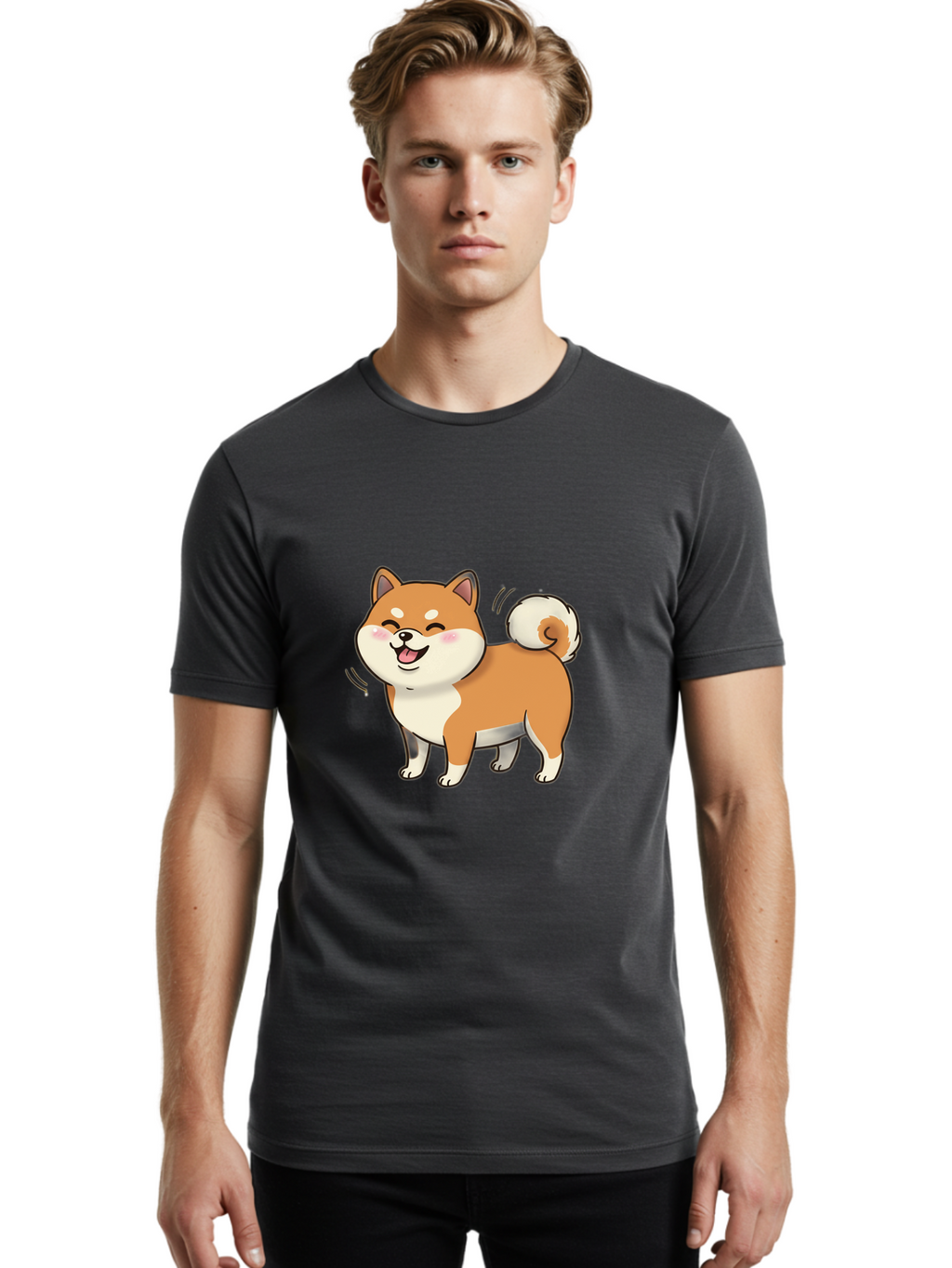 Shiba-Inu Men'S Graphic Tee, 100% Cotton, Comfortable Casual Summer Wear, Machine Washable, Shiba Inu, Cartoon Dog, Happy Dog, Playful Canine, Dog Animation, Adorable Pet, Kawaii Animal, Dog Illustration, Cute Puppy Bac402