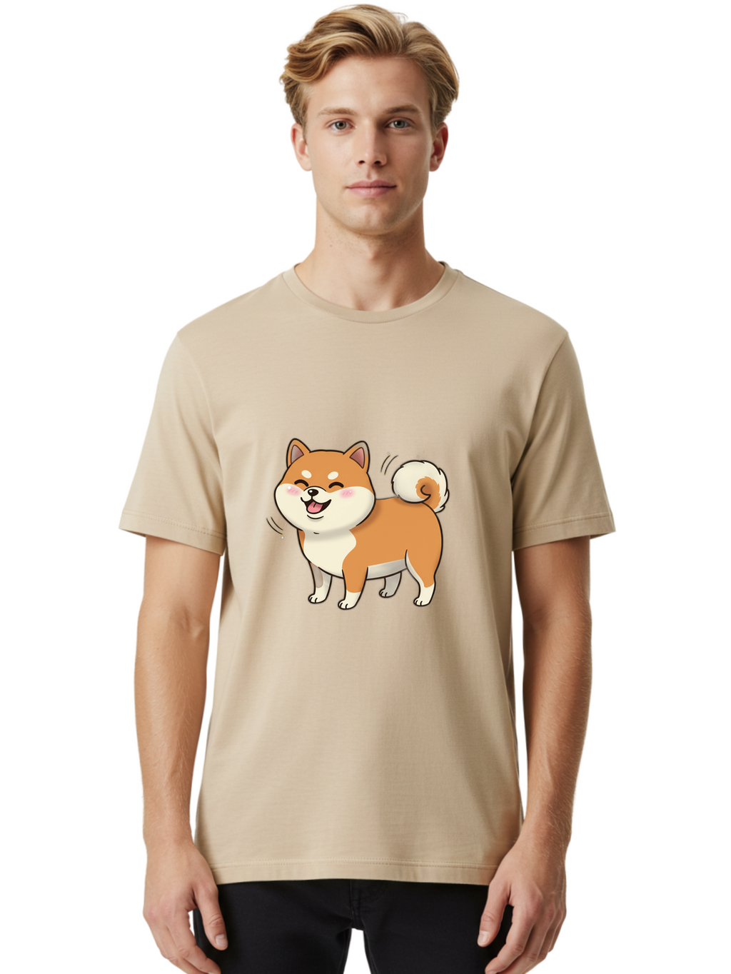 Shiba-Inu Men'S Graphic Tee, 100% Cotton, Comfortable Casual Summer Wear, Machine Washable, Shiba Inu, Cartoon Dog, Happy Dog, Playful Canine, Dog Animation, Adorable Pet, Kawaii Animal, Dog Illustration, Cute Puppy Bac402