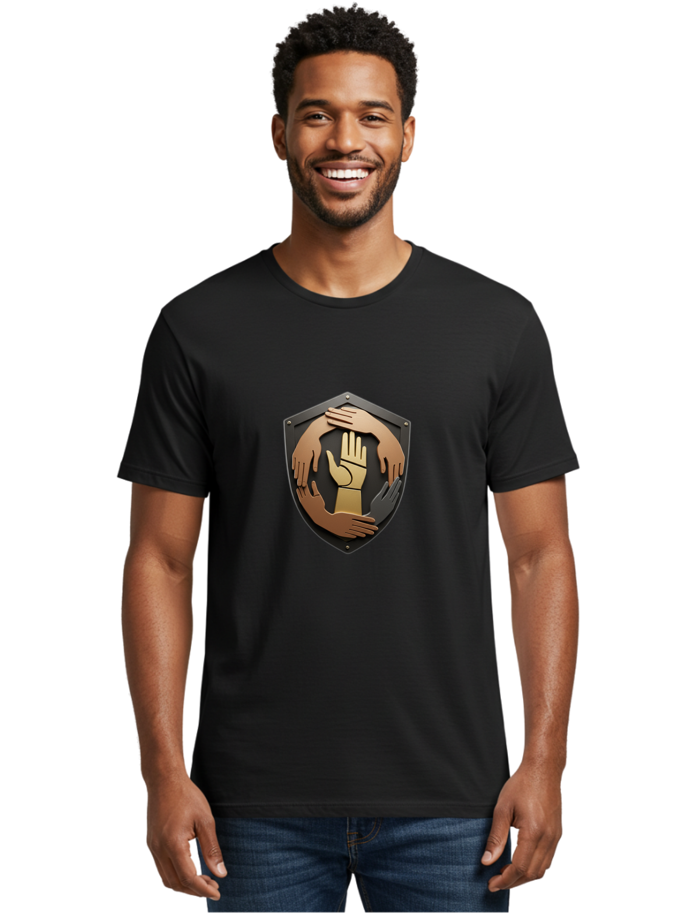 Shield-With-Hands Men'S Graphic Tee, 100% Cotton, Comfortable Casual Summer Wear, Machine Washable, Hands Together, Unity Symbol, Protection Sign, Teamwork Icon, Cooperation Emblem, Safety Shield, Hands Logo, Solidarity Symbol, Bac403