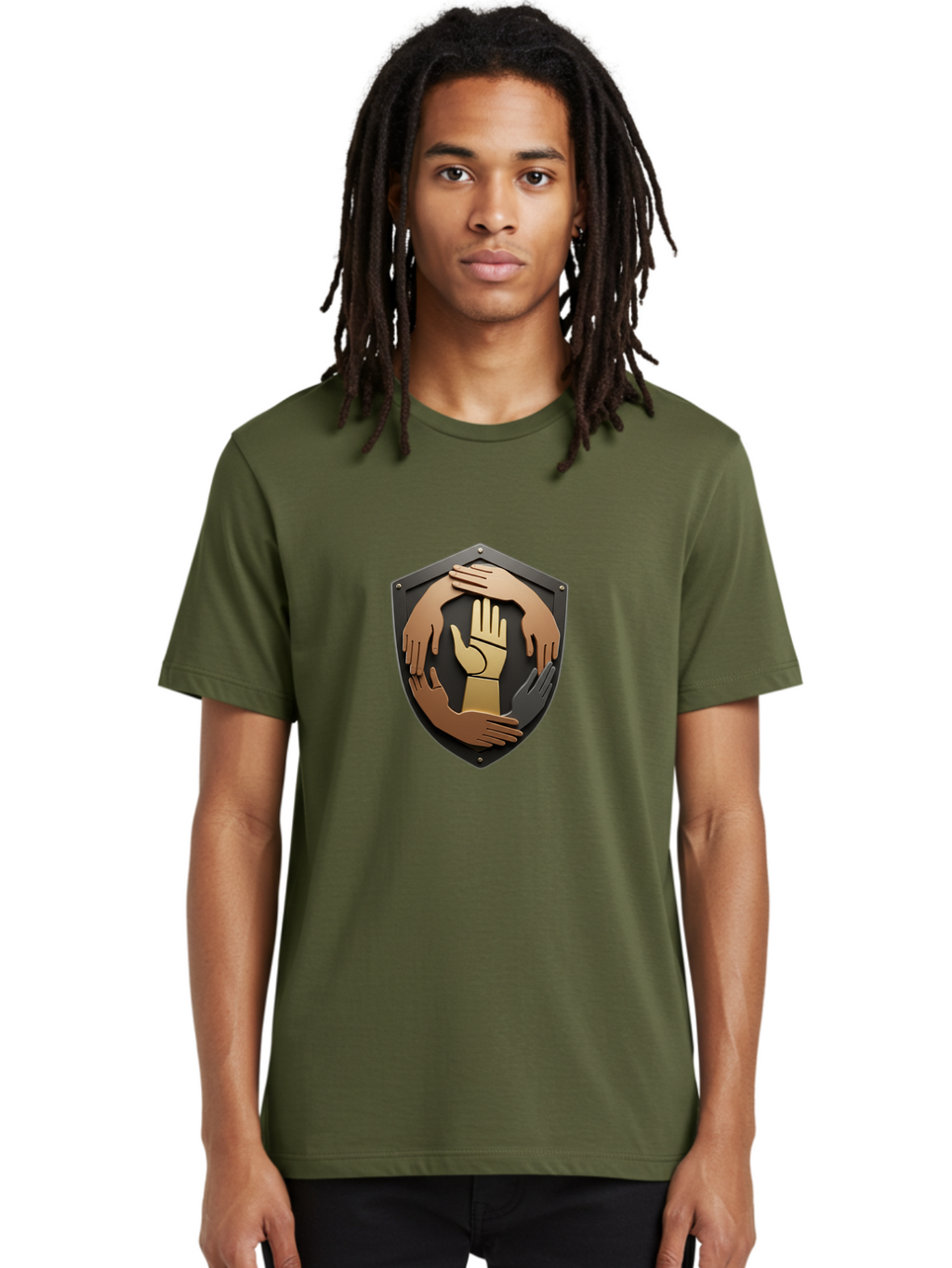 Shield-With-Hands Men'S Graphic Tee, 100% Cotton, Comfortable Casual Summer Wear, Machine Washable, Hands Together, Unity Symbol, Protection Sign, Teamwork Icon, Cooperation Emblem, Safety Shield, Hands Logo, Solidarity Symbol, Bac403
