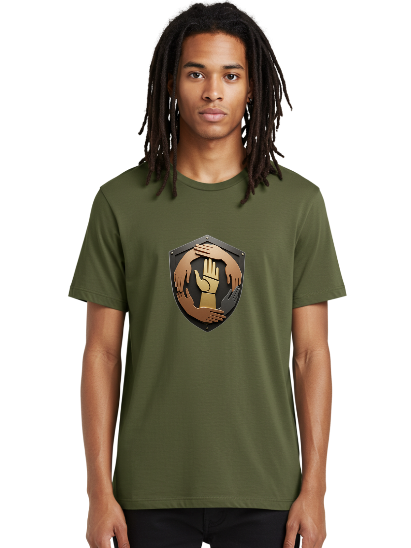 Shield-With-Hands Men'S Graphic Tee, 100% Cotton, Comfortable Casual Summer Wear, Machine Washable, Hands Together, Unity Symbol, Protection Sign, Teamwork Icon, Cooperation Emblem, Safety Shield, Hands Logo, Solidarity Symbol, Bac403