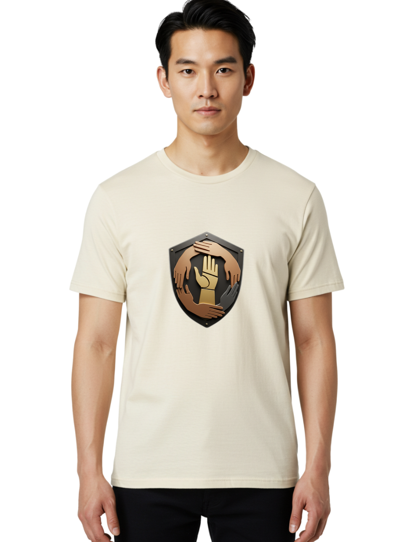 Shield-With-Hands Men'S Graphic Tee, 100% Cotton, Comfortable Casual Summer Wear, Machine Washable, Hands Together, Unity Symbol, Protection Sign, Teamwork Icon, Cooperation Emblem, Safety Shield, Hands Logo, Solidarity Symbol, Bac403