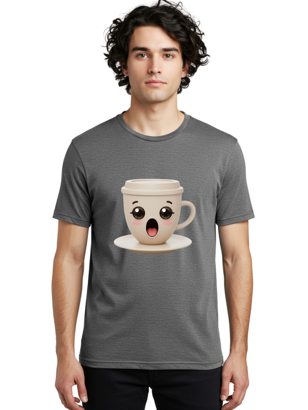 Shocked-Coffee-Cup Men'S Graphic Tee, 100% Cotton, Comfortable Casual Summer Wear, Machine Washable, Fun Coffee Cup, Surprised Expression, Coffee Break, Morning Pick-Me-Up, Kawaii Culture, Cute Face, Coffee Time, Coffee Lover Bac404