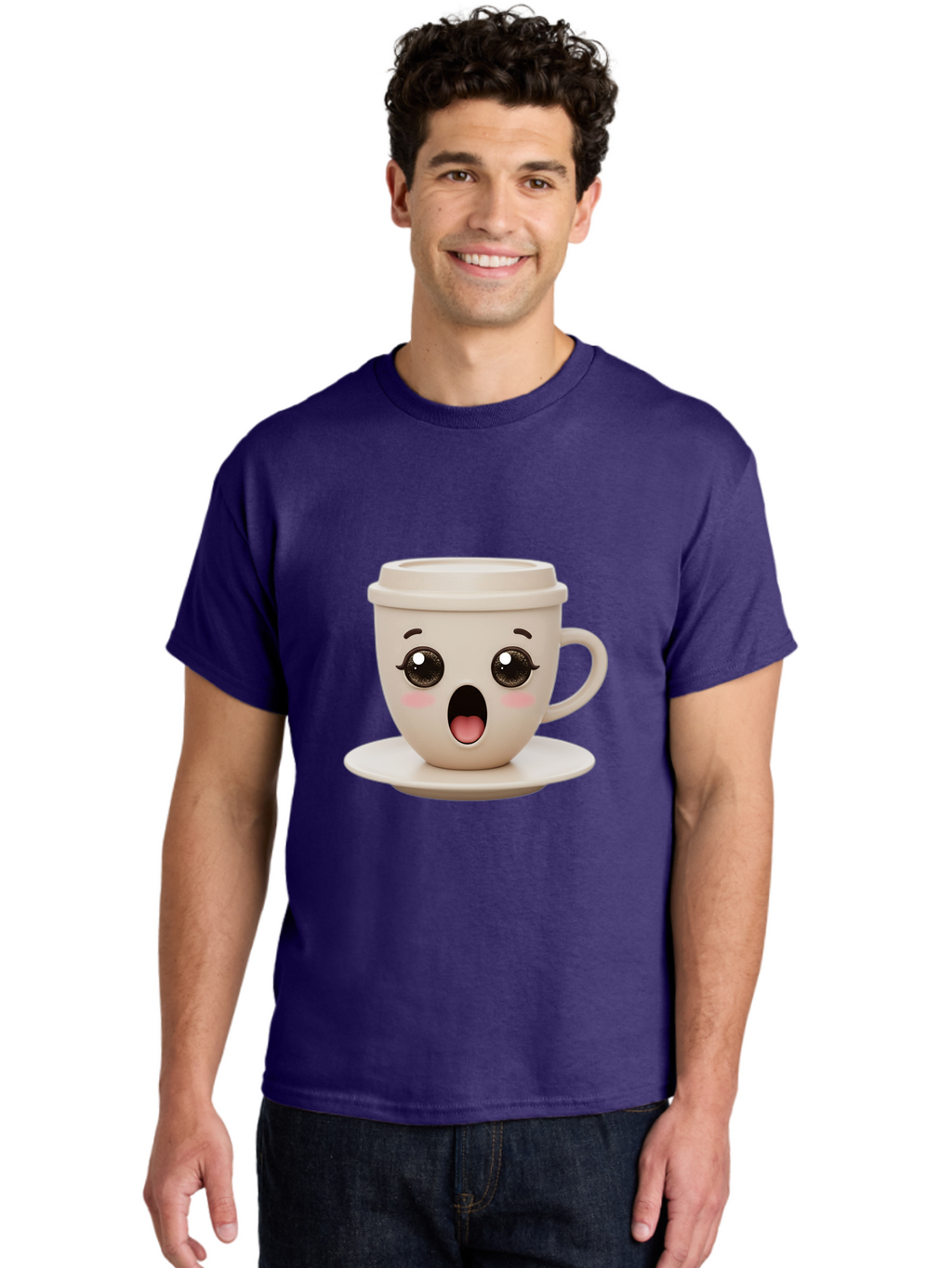 Shocked-Coffee-Cup Men'S Graphic Tee, 100% Cotton, Comfortable Casual Summer Wear, Machine Washable, Fun Coffee Cup, Surprised Expression, Coffee Break, Morning Pick-Me-Up, Kawaii Culture, Cute Face, Coffee Time, Coffee Lover Bac404
