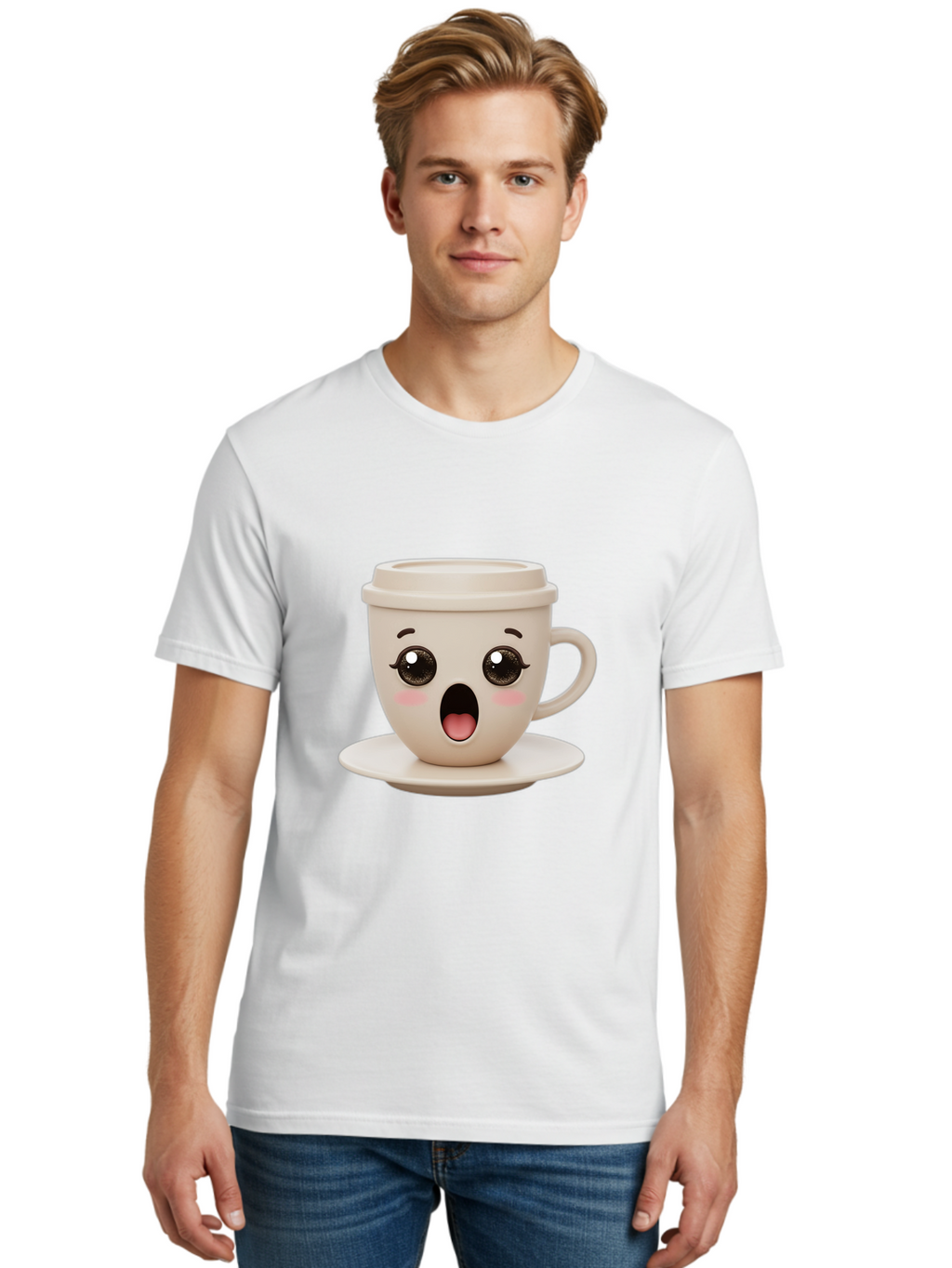 Shocked-Coffee-Cup Men'S Graphic Tee, 100% Cotton, Comfortable Casual Summer Wear, Machine Washable, Fun Coffee Cup, Surprised Expression, Coffee Break, Morning Pick-Me-Up, Kawaii Culture, Cute Face, Coffee Time, Coffee Lover Bac404