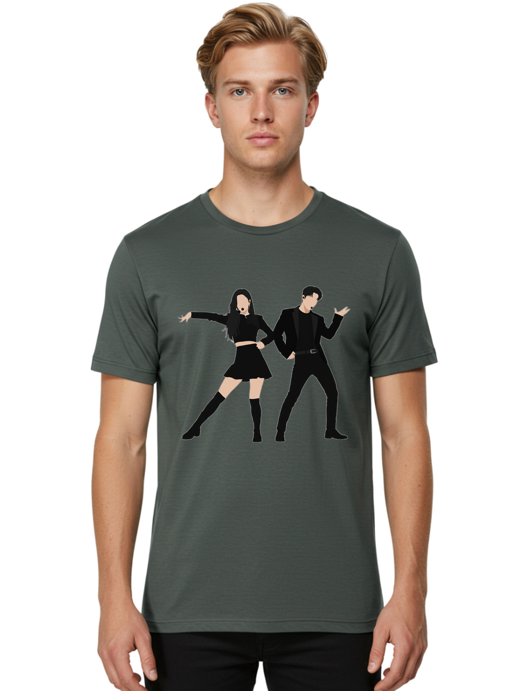 Singing-Duo Men'S Graphic Tee, 100% Cotton, Comfortable Casual Summer Wear, Machine Washable, Dancing Couple, Dynamic Pose, Black Outfit, Microphone Headsets, Lively Dance Moves, Stage Performance, Energetic Duo, Modern Dance Style, Bac405