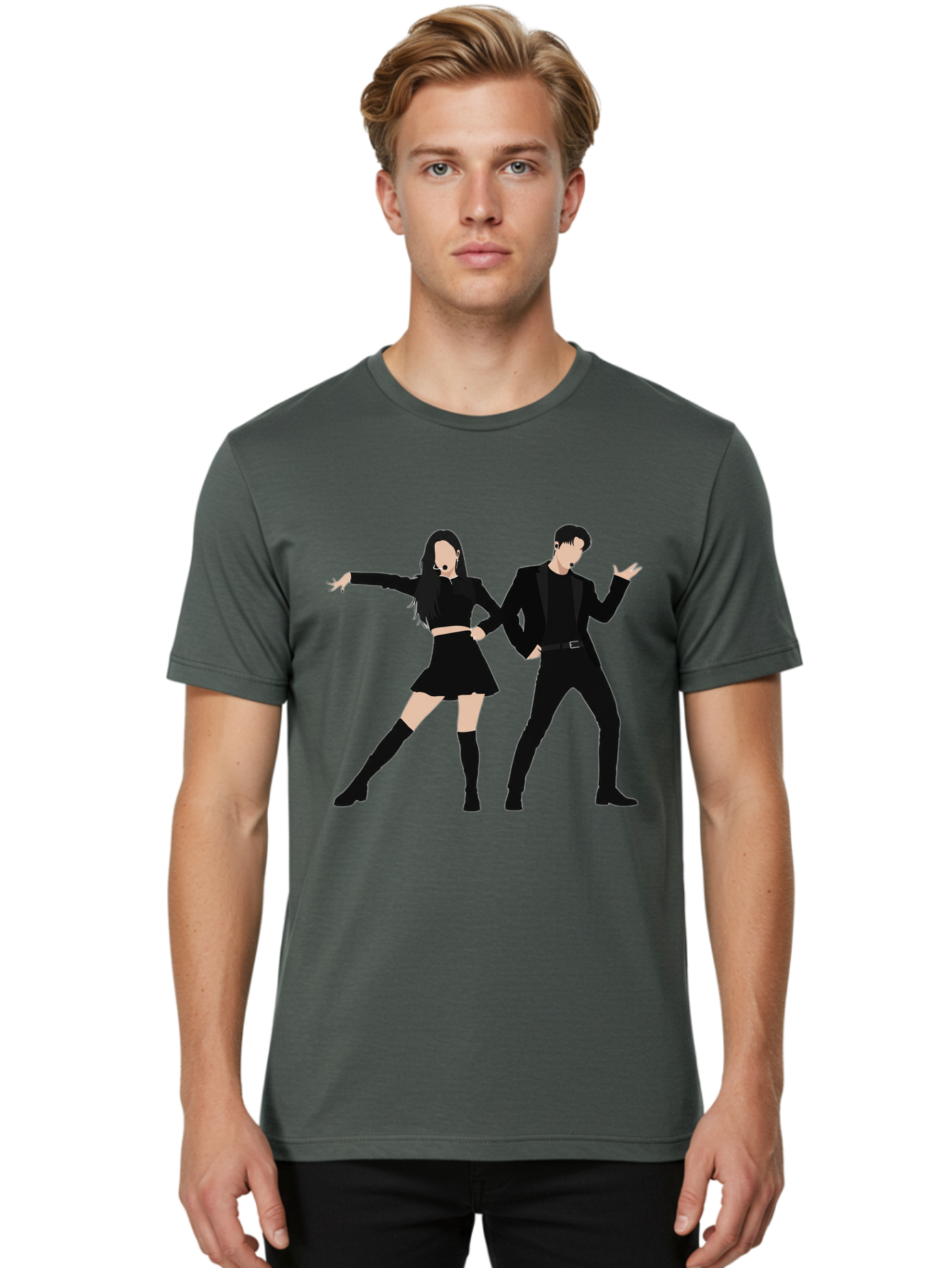 Singing-Duo Men'S Graphic Tee, 100% Cotton, Comfortable Casual Summer Wear, Machine Washable, Dancing Couple, Dynamic Pose, Black Outfit, Microphone Headsets, Lively Dance Moves, Stage Performance, Energetic Duo, Modern Dance Style, Bac405