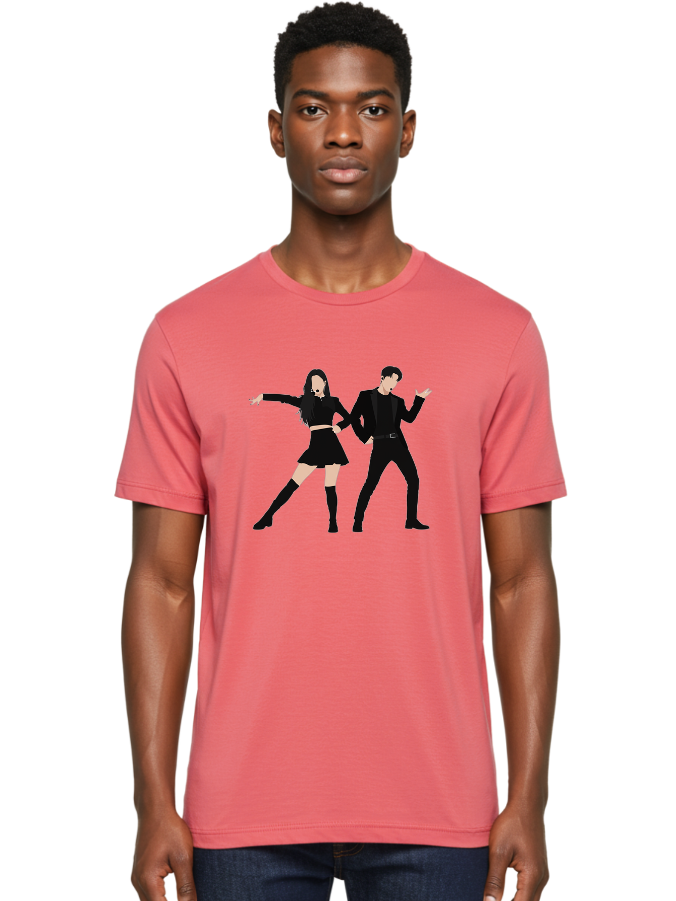 Singing-Duo Men'S Graphic Tee, 100% Cotton, Comfortable Casual Summer Wear, Machine Washable, Dancing Couple, Dynamic Pose, Black Outfit, Microphone Headsets, Lively Dance Moves, Stage Performance, Energetic Duo, Modern Dance Style, Bac405
