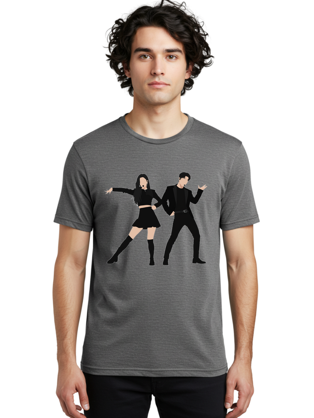 Singing-Duo Men'S Graphic Tee, 100% Cotton, Comfortable Casual Summer Wear, Machine Washable, Dancing Couple, Dynamic Pose, Black Outfit, Microphone Headsets, Lively Dance Moves, Stage Performance, Energetic Duo, Modern Dance Style, Bac405
