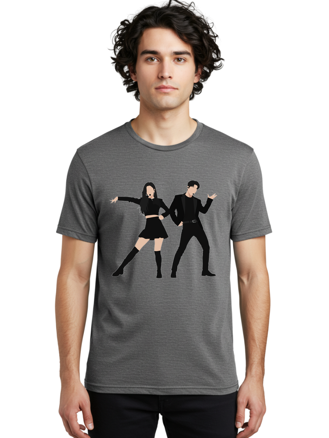 Singing-Duo Men'S Graphic Tee, 100% Cotton, Comfortable Casual Summer Wear, Machine Washable, Dancing Couple, Dynamic Pose, Black Outfit, Microphone Headsets, Lively Dance Moves, Stage Performance, Energetic Duo, Modern Dance Style, Bac405