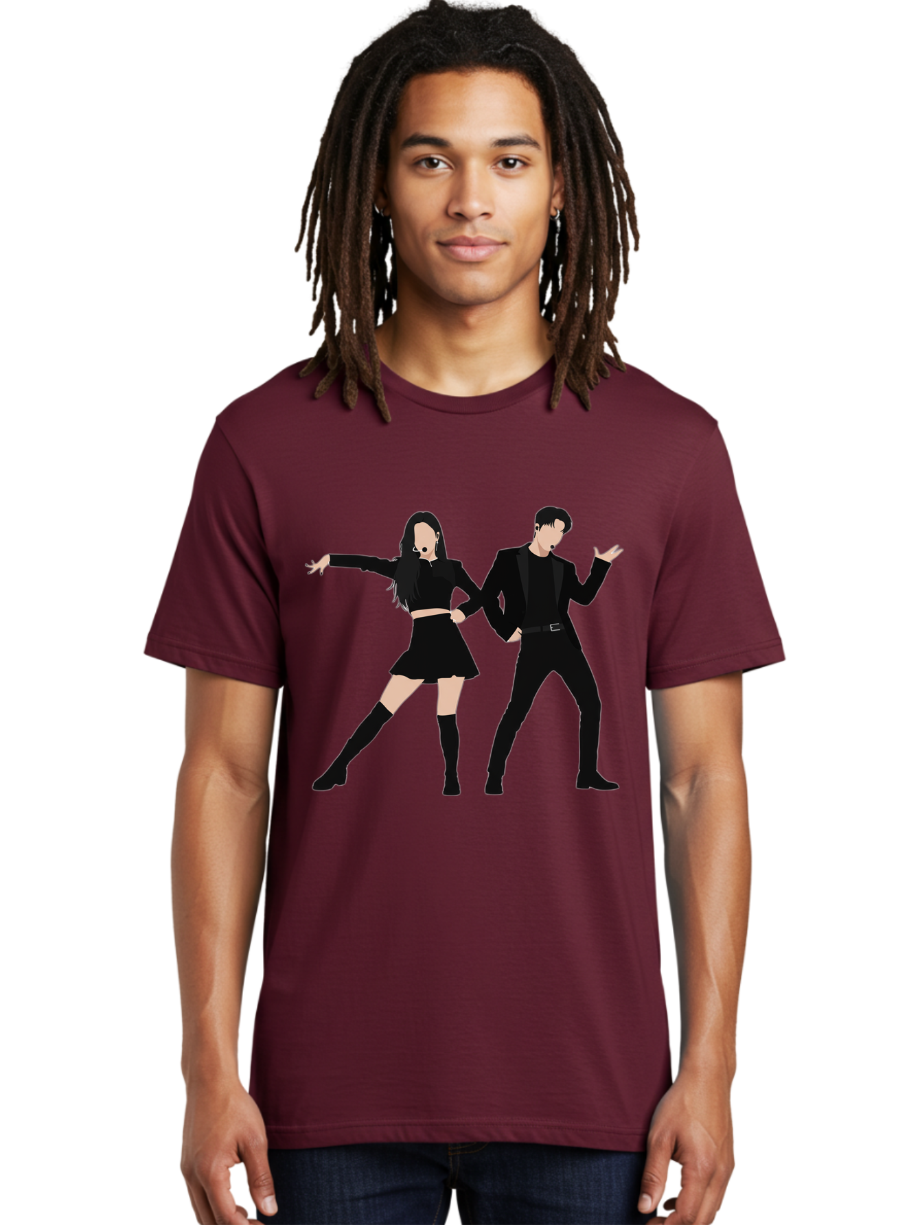 Singing-Duo Men'S Graphic Tee, 100% Cotton, Comfortable Casual Summer Wear, Machine Washable, Dancing Couple, Dynamic Pose, Black Outfit, Microphone Headsets, Lively Dance Moves, Stage Performance, Energetic Duo, Modern Dance Style, Bac405