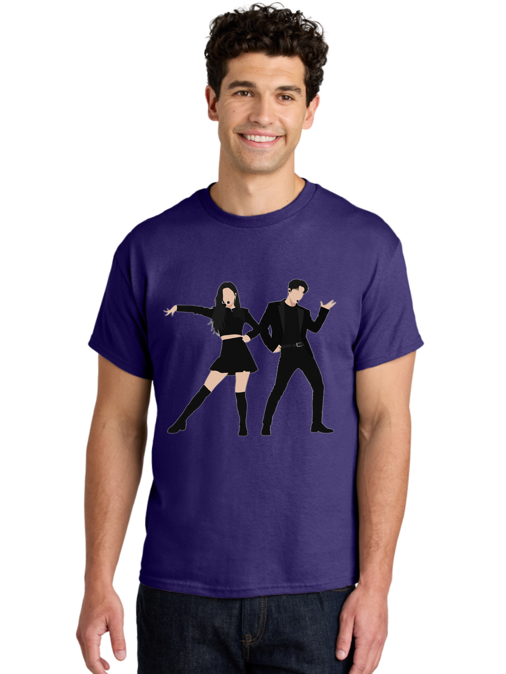 Singing-Duo Men'S Graphic Tee, 100% Cotton, Comfortable Casual Summer Wear, Machine Washable, Dancing Couple, Dynamic Pose, Black Outfit, Microphone Headsets, Lively Dance Moves, Stage Performance, Energetic Duo, Modern Dance Style, Bac405