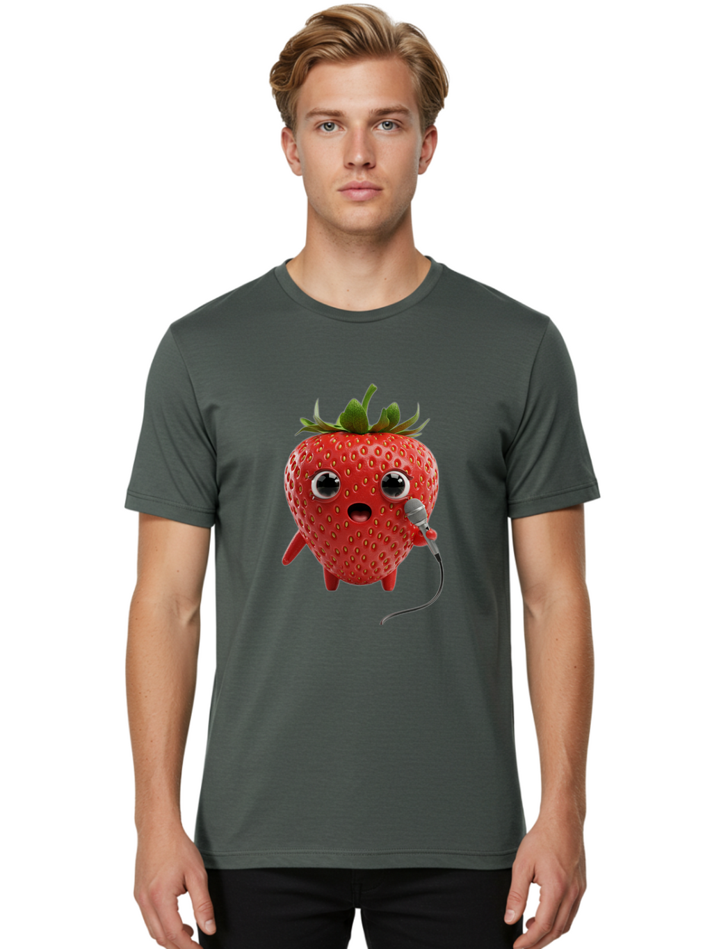 Singing-Strawberry Men'S Graphic Tee, 100% Cotton, Comfortable Casual Summer Wear, Machine Washable, Cartoon Strawberry, Anthropomorphic Fruit, Singing Strawberry, Microphone, Funny Character, Comedy, Humor, Entertaining, Animated Bac406