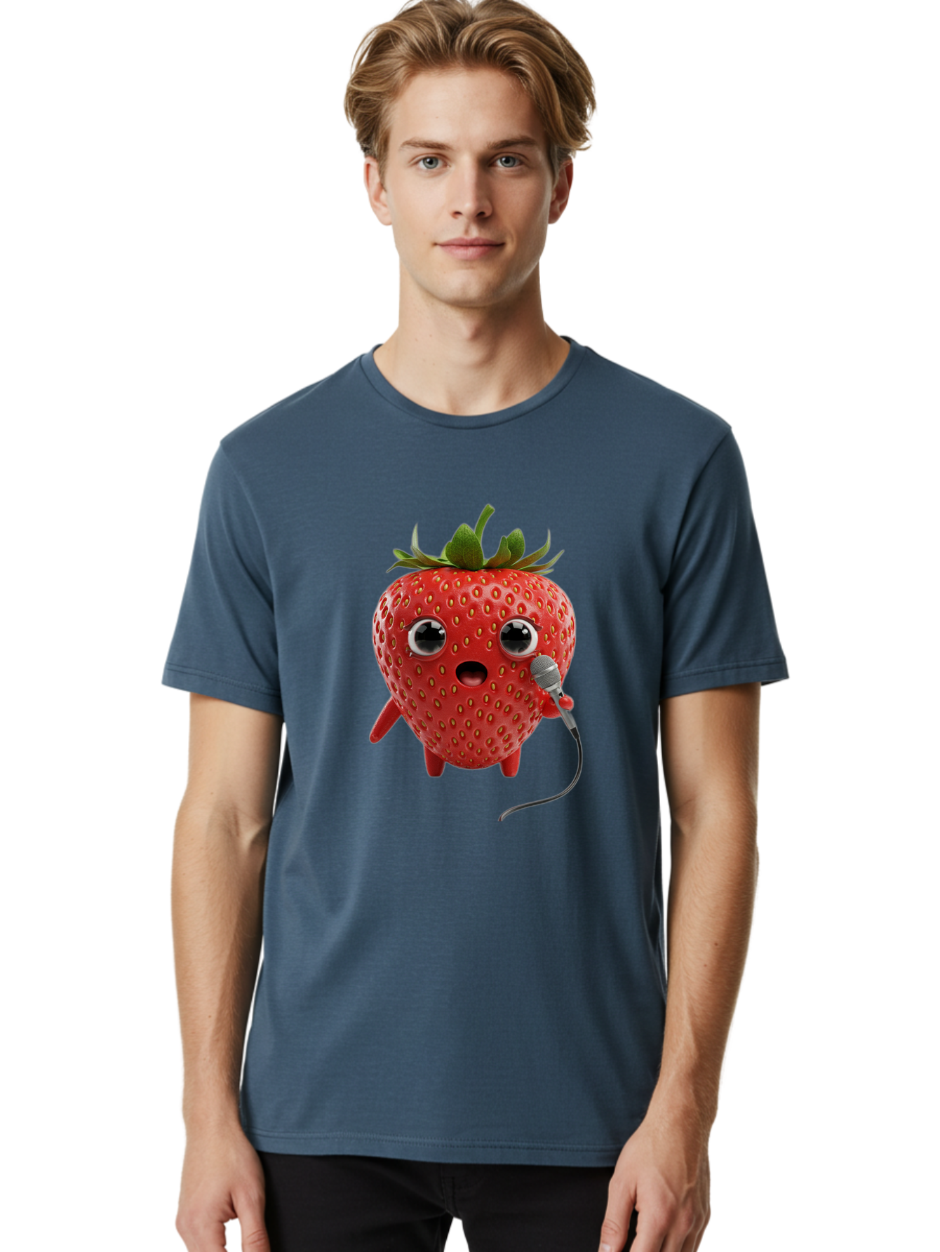 Singing-Strawberry Men'S Graphic Tee, 100% Cotton, Comfortable Casual Summer Wear, Machine Washable, Cartoon Strawberry, Anthropomorphic Fruit, Singing Strawberry, Microphone, Funny Character, Comedy, Humor, Entertaining, Animated Bac406