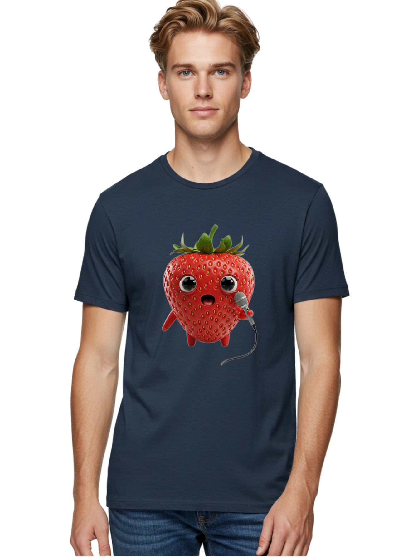 Singing-Strawberry Men'S Graphic Tee, 100% Cotton, Comfortable Casual Summer Wear, Machine Washable, Cartoon Strawberry, Anthropomorphic Fruit, Singing Strawberry, Microphone, Funny Character, Comedy, Humor, Entertaining, Animated Bac406