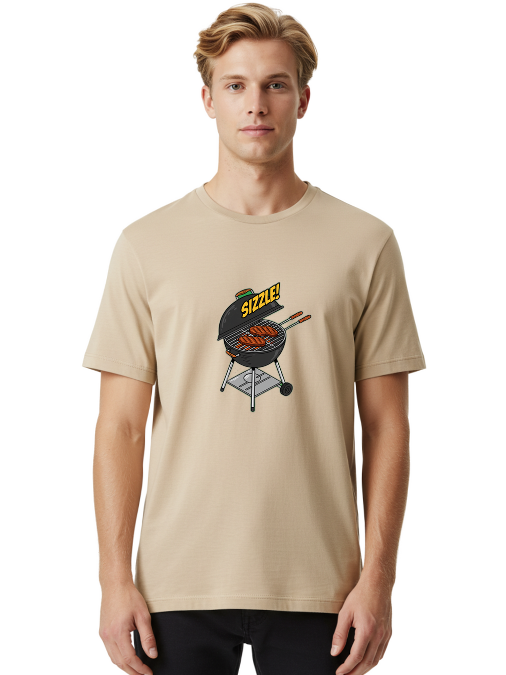 Sizzle-1 Men'S Graphic Tee, 100% Cotton, Comfortable Casual Summer Wear, Machine Washable, Barbecue Grill, Grilled Sausages, Outdoor Cooking, Summer Food, Sizzling Meat, Barbecue Accessories, Cartoon Grill Bac407